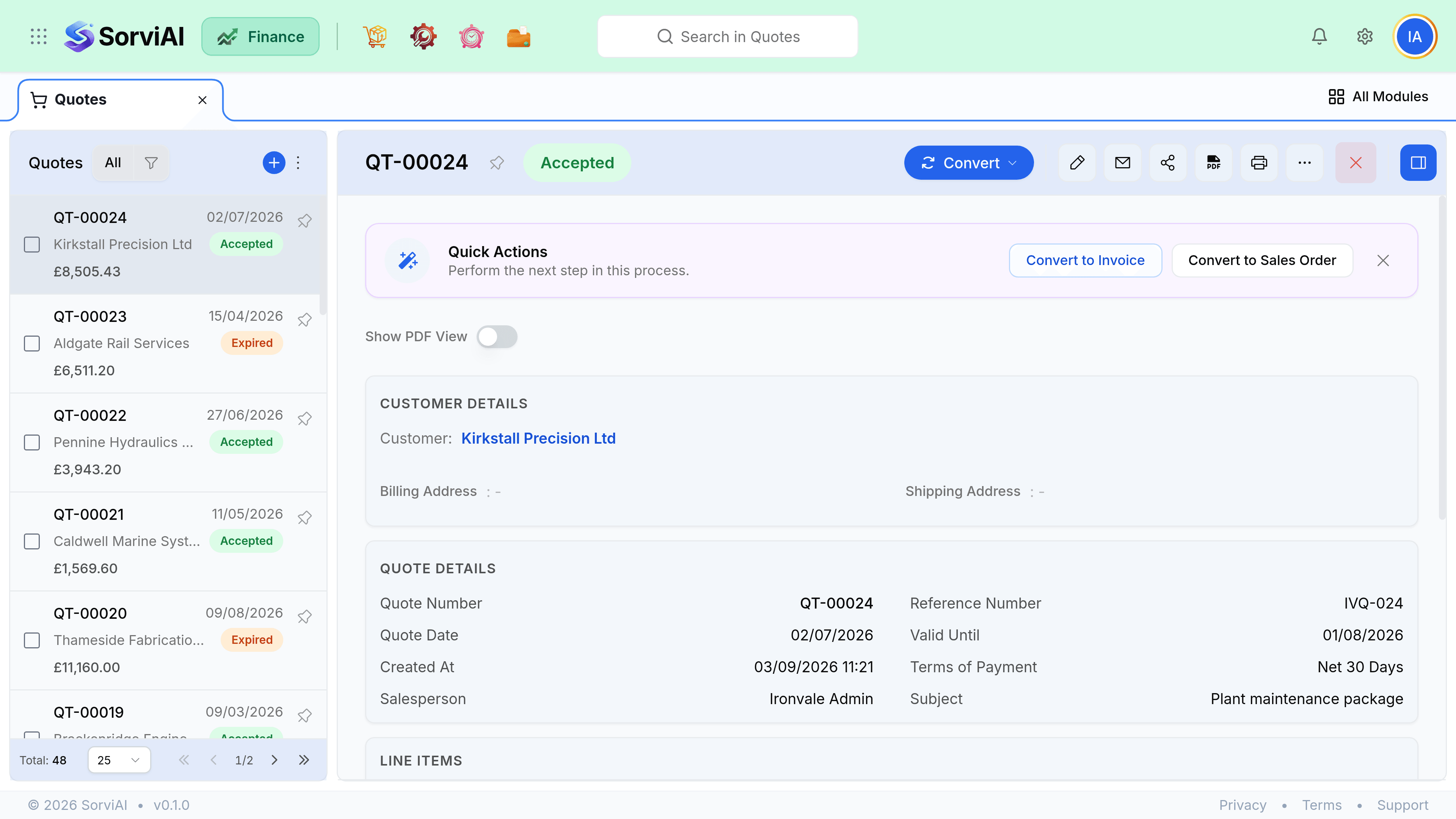 An accepted quote, QT-00024 for Kirkstall Precision Ltd. A Convert button sits in the header beside the Accepted badge, and a Quick Actions bar below offers Convert to Invoice and Convert to Sales Order. Quote details and line items follow.