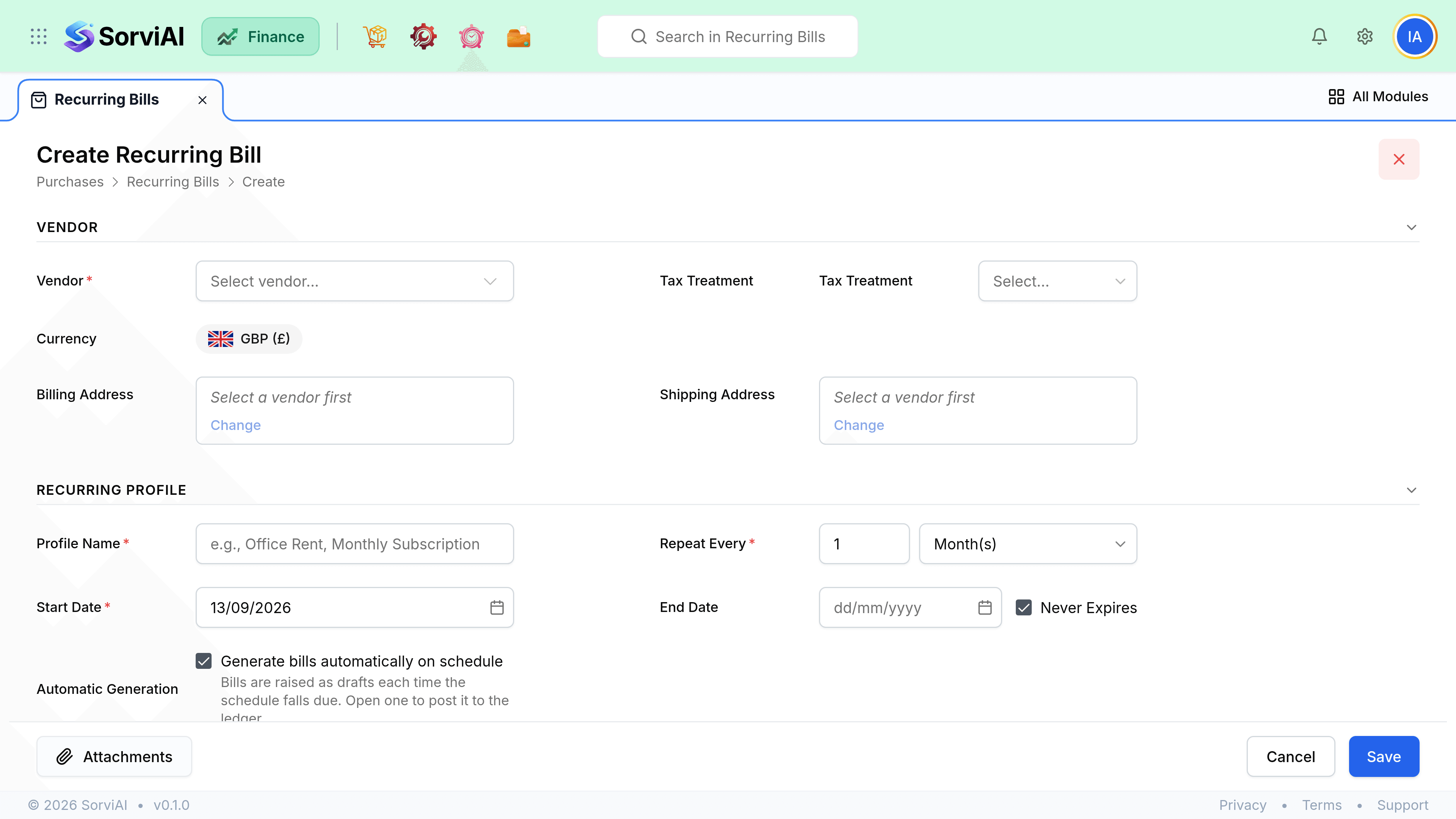 The New Recurring Bill screen. Vendor holds a required vendor name, VAT and tax treatment, a GBP currency and the billing and shipping addresses, both reading Select a vendor first. Recurring Profile holds a required profile name, a Repeat Every field set to 1 Month(s), a required start date, an Ends On date with Never Expires ticked, and an Automatic Generation checkbox reading Generate bills automatically on schedule, noted as raising each bill as a draft to be opened before it posts. Accounts Payable, a required expense account, Terms of Payment set to Due on Receipt and a rate list follow.