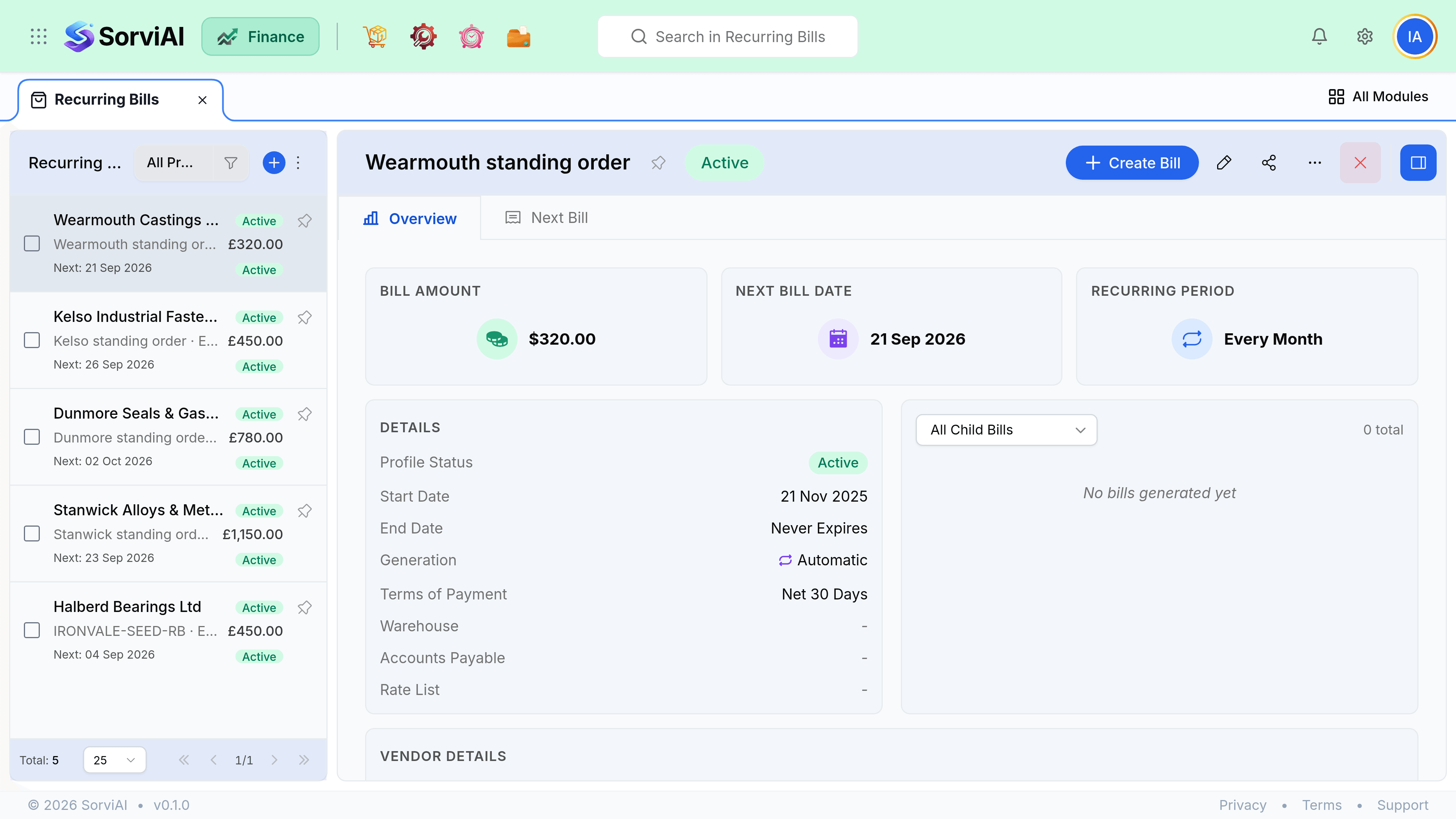 An open recurring bill profile, Wearmouth standing order, showing its vendor, amount, schedule, next bill date and the count of bills it has generated.