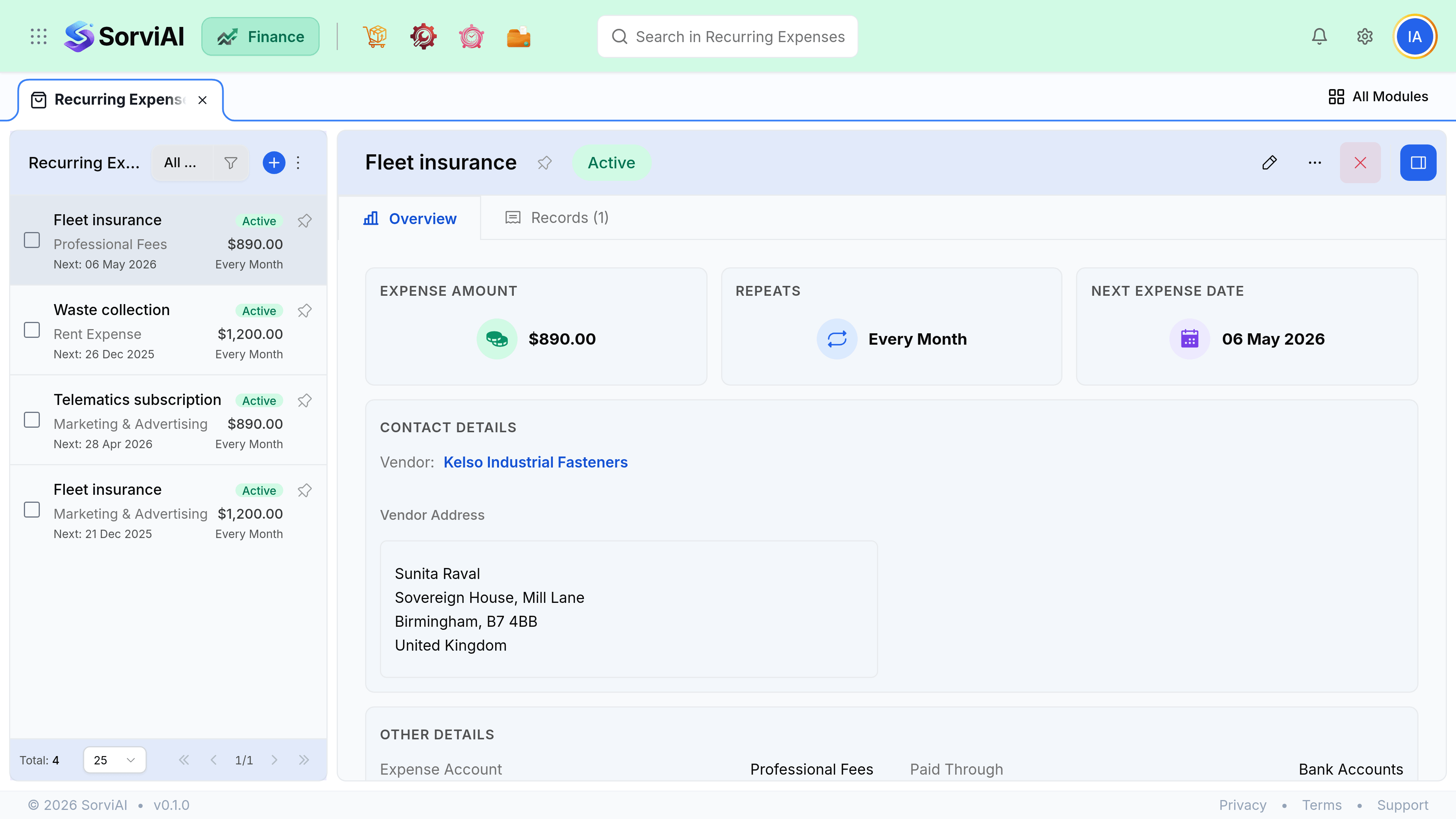 An open recurring expense profile, Fleet insurance, showing its schedule, the account and vendor it posts against, and the count of expenses it has generated.