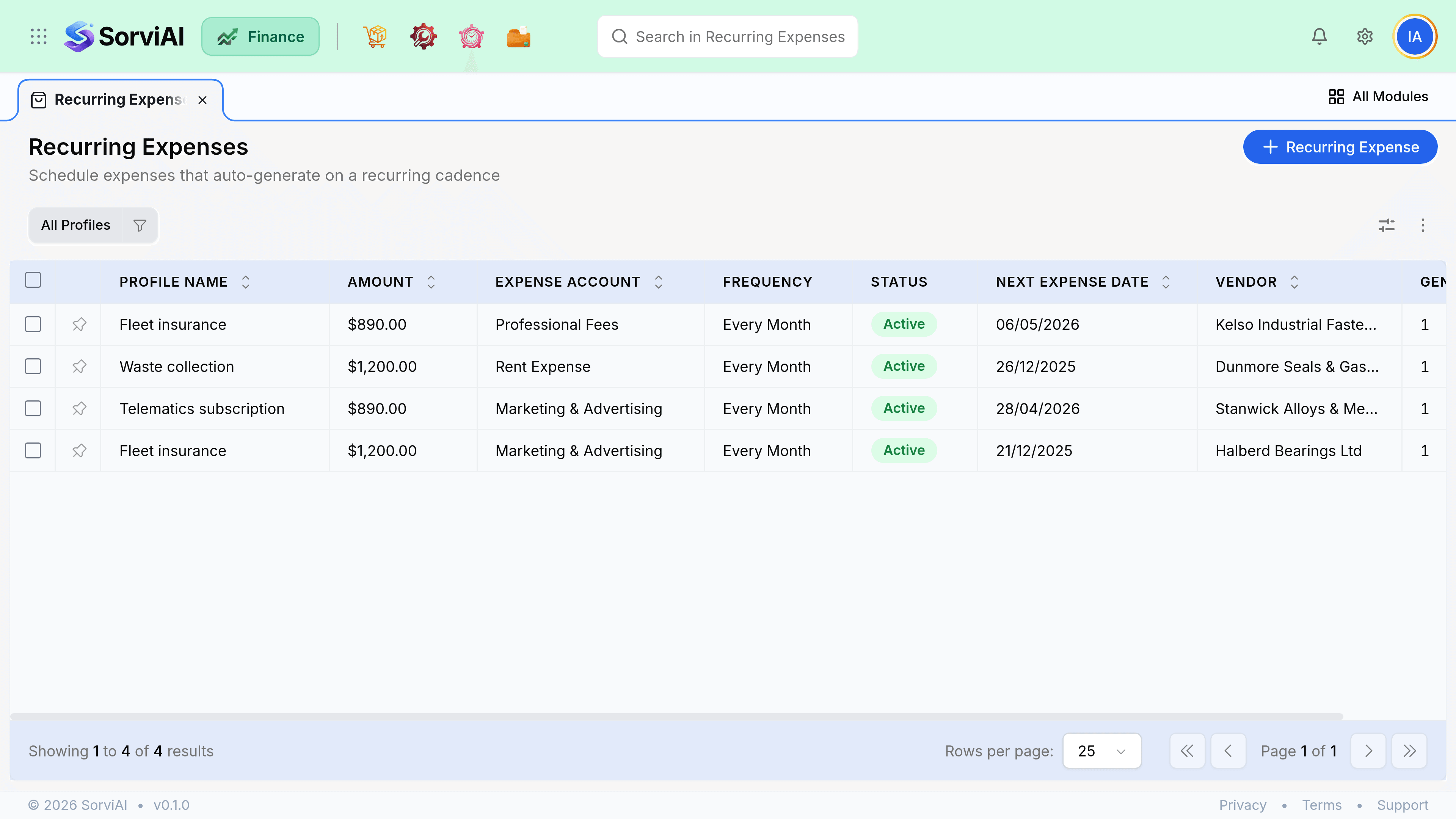 The Recurring Expenses screen listing four profiles with columns for Profile Name, Amount, Expense Account, Frequency, Status, Next Expense Date, Vendor and Generated. The first row, Fleet insurance, runs Every Month against Professional Fees, is Active, next falls due on 06/05/2026 and has generated one expense so far.