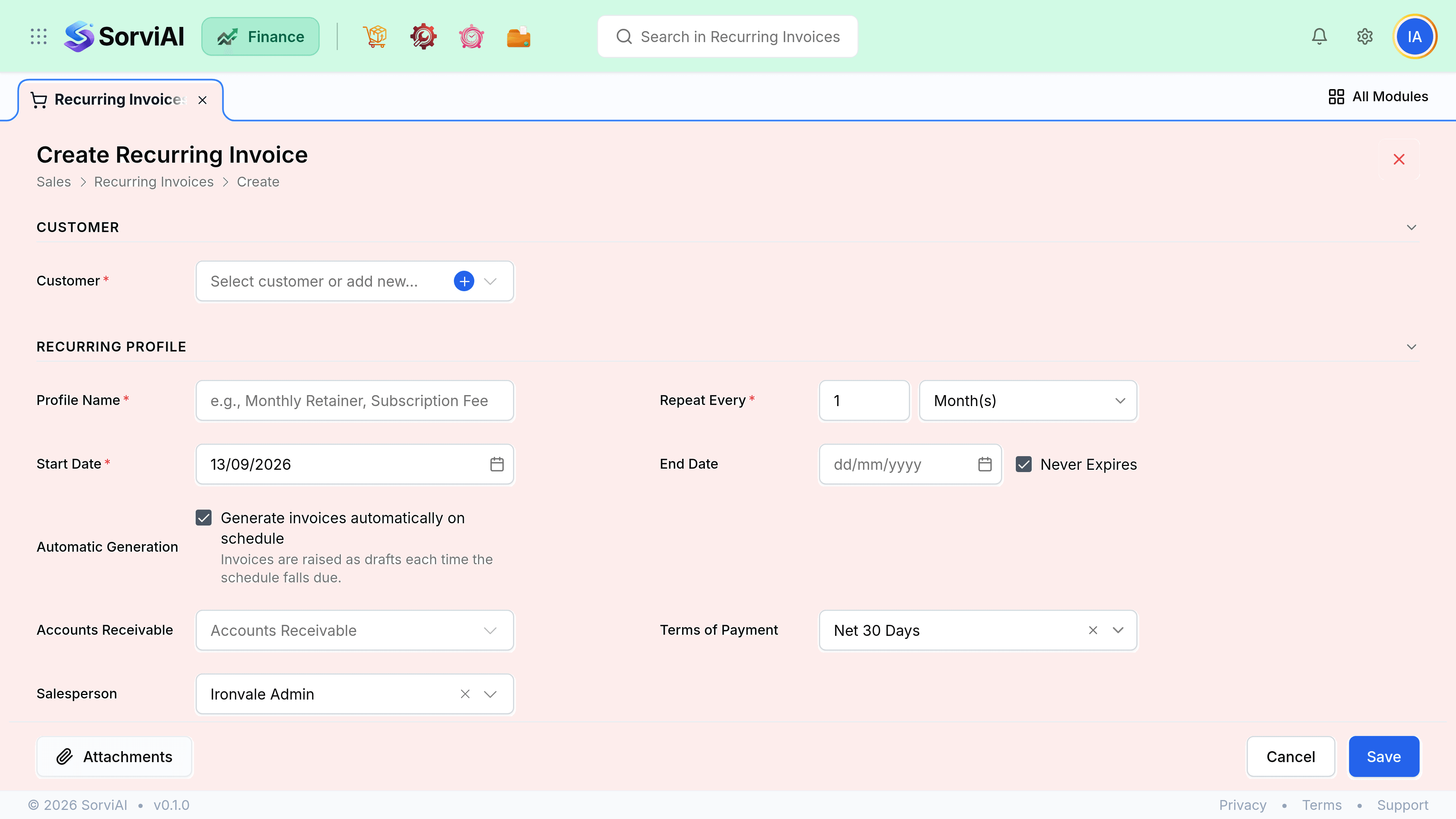 The Create Recurring Invoice form. A Recurring Profile section holds a required Profile Name, a Repeat Every field set to 1 Month, a Start Date, an Ends On date with a Never Expires checkbox ticked, and a ticked Automatic Generation checkbox reading that invoices are raised as drafts each time the schedule falls due.