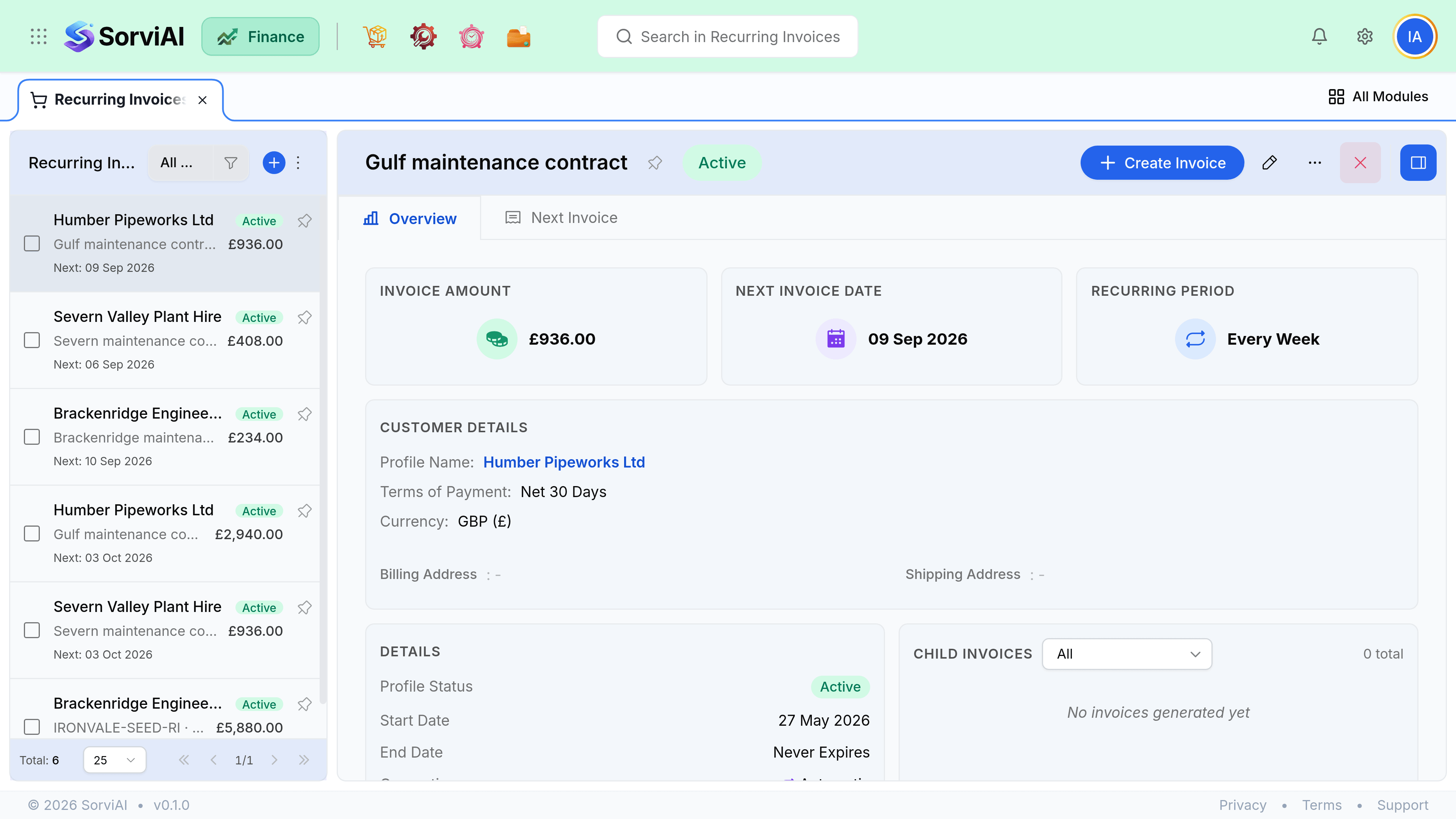 An active recurring profile called Gulf maintenance contract. Tiles show an invoice amount of 936 dollars, a next invoice date of 09 Sep 2026 and a recurring period of Every Week. A Details section below shows Profile Status Active, a start date, End Date reading Never Expires, and automatic generation.