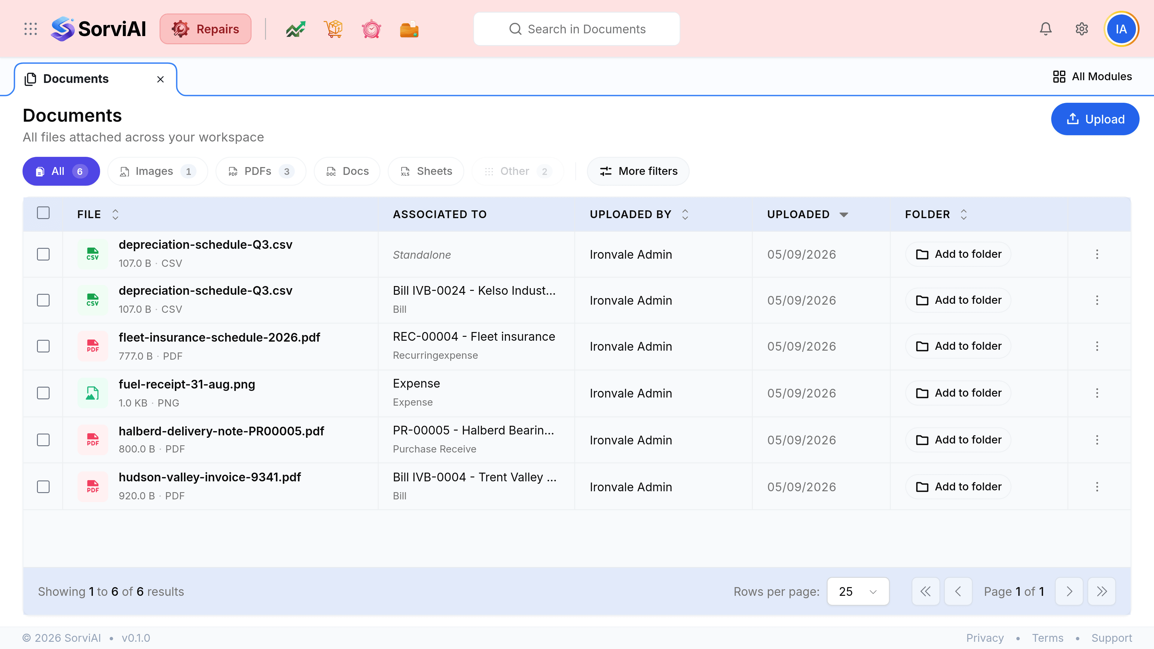 The Documents screen headed Documents with the subtitle All files attached across your workspace and an Upload button. Type chips read All 6, Images 1, PDFs 3, Docs, Sheets and a greyed Other 2, beside a More filters button. Columns read File, Associated To, Uploaded By, Uploaded and Folder. Rows include depreciation-schedule-Q3.csv marked Standalone in italics, a second copy of the same file against Bill IVB-00024 for Kelso Industrial, fleet-insurance-schedule-2026.pdf against REC-00004 Fleet insurance labelled Recurringexpense, fuel-receipt-31-aug.png against an Expense, halberd-delivery-note-PR00005.pdf against PR-00005 Halberd Bearings Ltd labelled Purchase Receive, and hudson-valley-invoice-9341.pdf against Bill IVB-0004. Every row carries an Add to folder button and a three-dot control.
