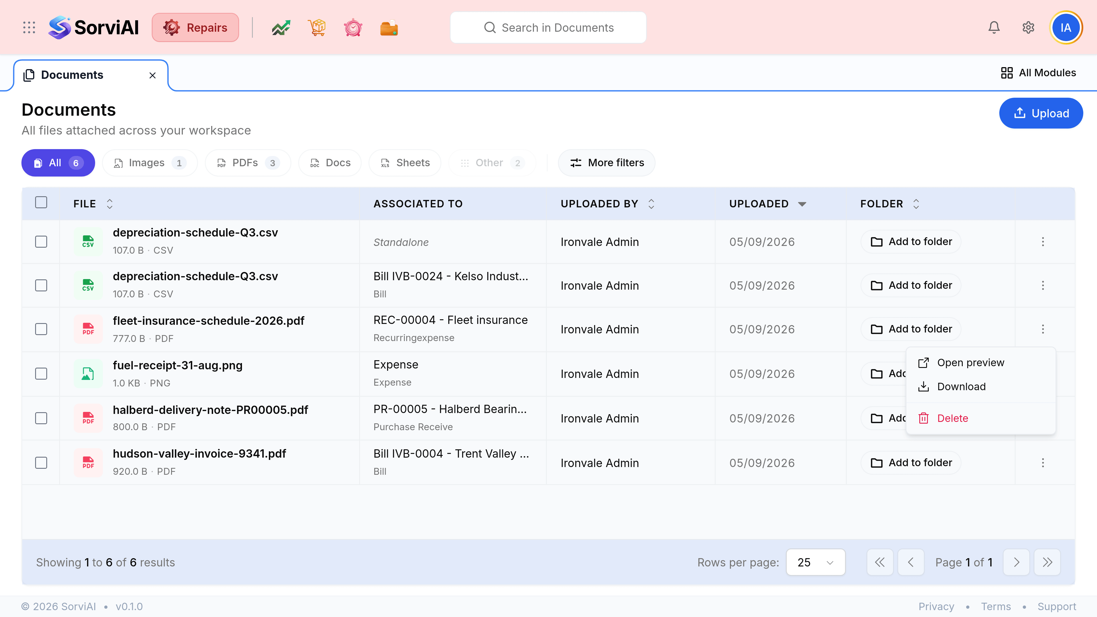 The Documents list with the three-dot menu open on the fleet-insurance-schedule-2026.pdf row, offering three entries: Open preview with an external link icon, Download with a download icon, and Delete in red with a bin icon.