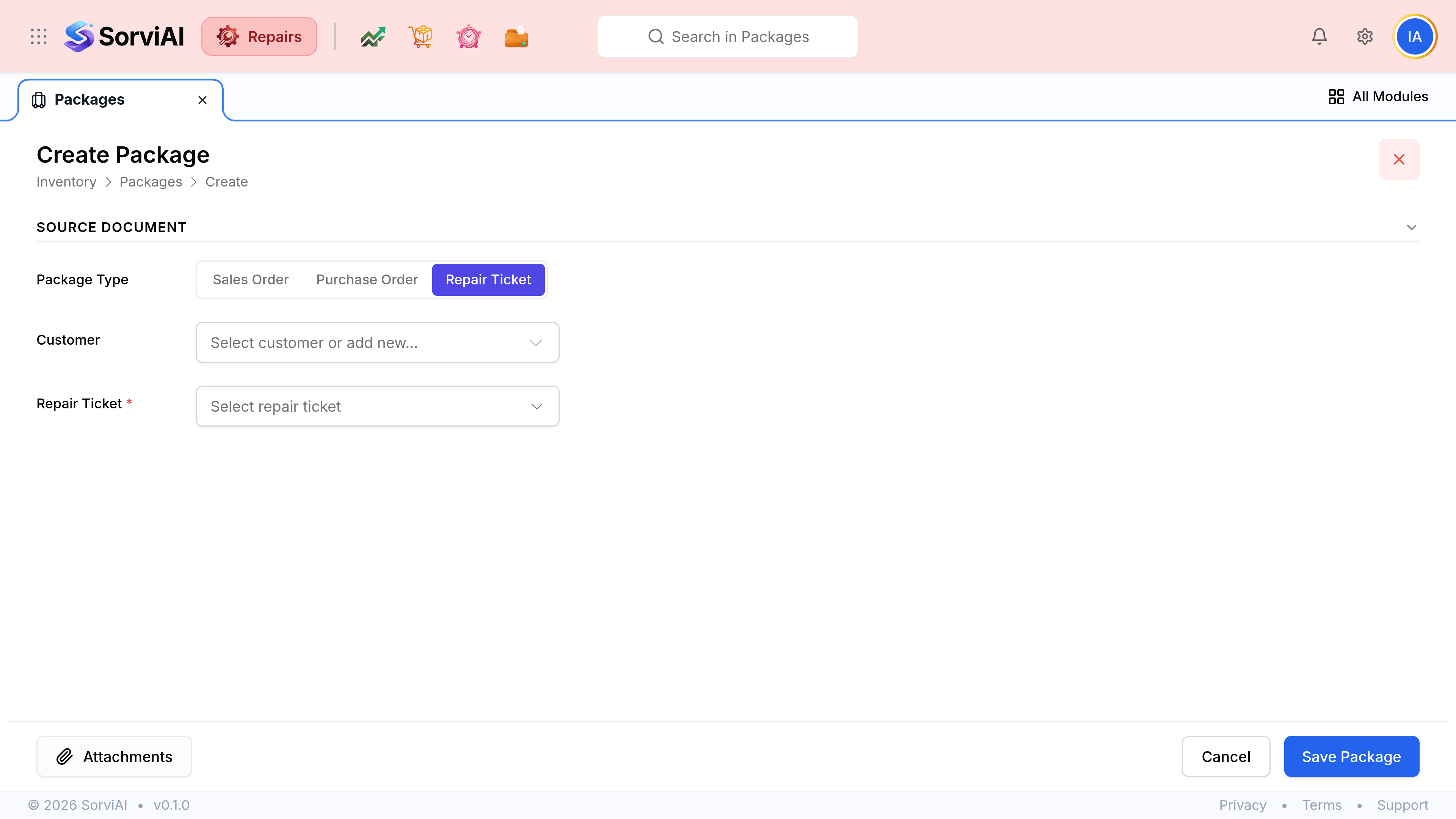 The Create Package screen with a breadcrumb reading Inventory, Packages, Create. A Source Document section holds a Package Type choice of three buttons reading Sales Order, Purchase Order and Repair Ticket, with Repair Ticket selected and highlighted. Below it are a Customer picker reading Select customer or add new, and a required Repair Ticket picker reading Select repair ticket. The footer holds Attachments, Cancel and Save Package.