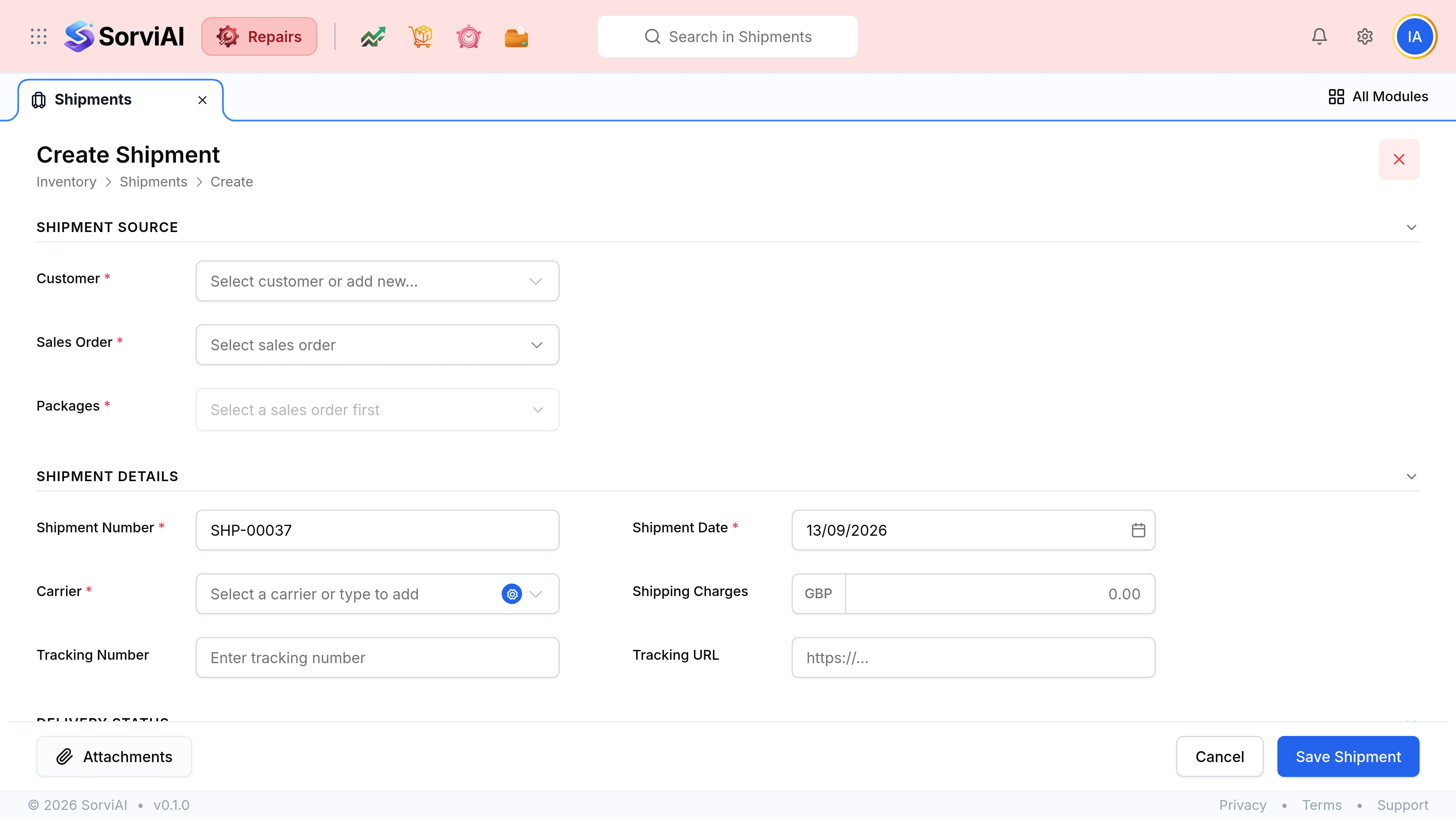 The Create Shipment screen with a breadcrumb reading Inventory, Shipments, Create. A Shipment Source section holds required Customer, Sales Order and Packages pickers, with the Packages picker greyed out and reading Select a sales order first. A Shipment Details section holds a required Shipment Order number prefilled SHP-00037, a required Ship Date of 07/09/2026, a required Carrier picker, a Shipping Charges field in GBP, a Tracking number field and a Tracking URL field. A Delivery Status section holds an unticked checkbox reading Shipment already delivered and a ticked checkbox reading Send status notification. An Additional Information section below holds a Notes box. The footer holds Attachments, Cancel and Save Shipment.