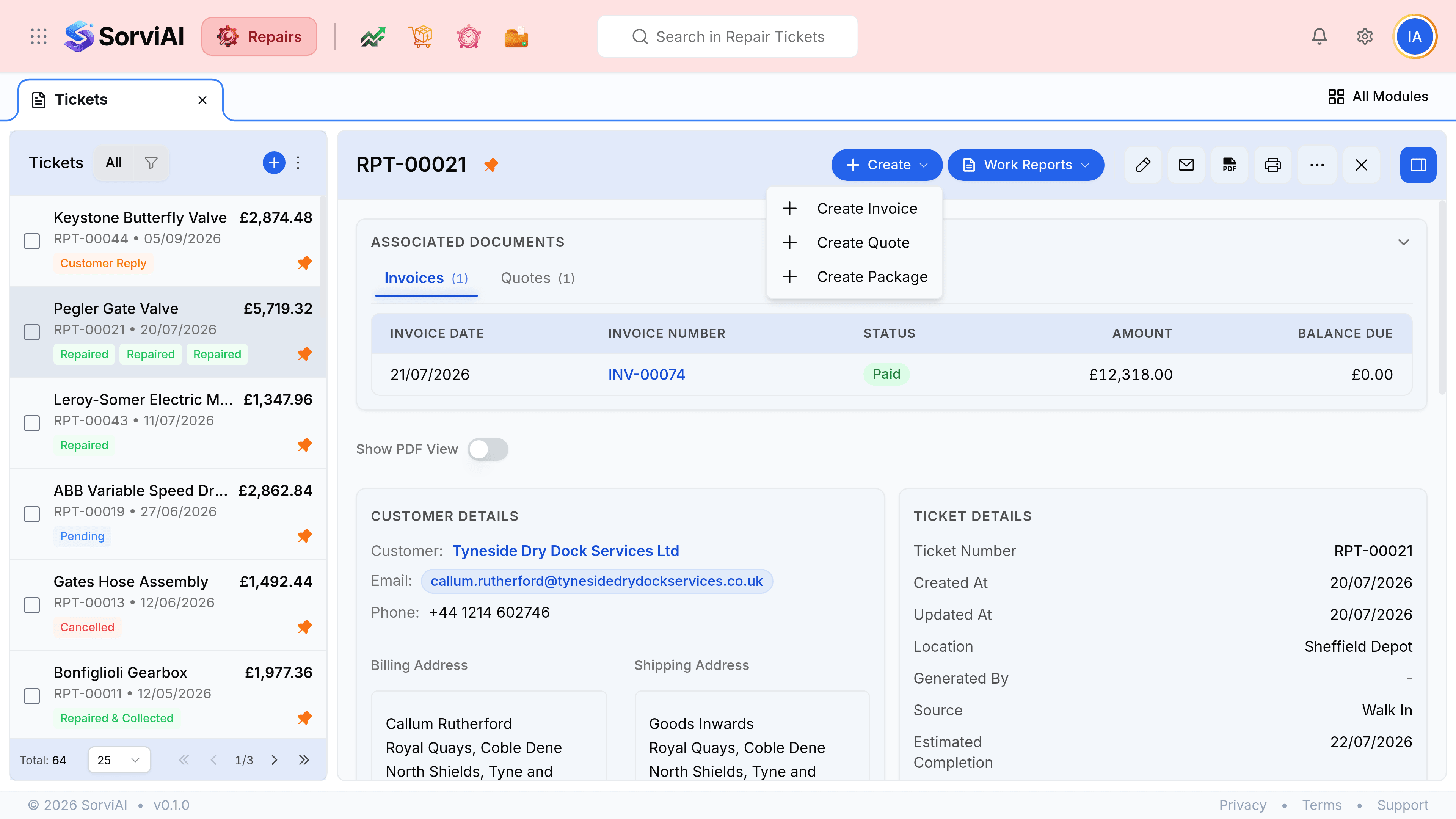 Purchase order PO-00036, badged Issued, with the Create menu open in its header showing three entries: Create Receive, Create Package and Convert to Bill. Behind the menu a Quick Actions banner offers Create Receive and Convert to Bill, and an Associated Repair Tickets panel lists ticket RPT-00001 for Northgate Water Utilities.