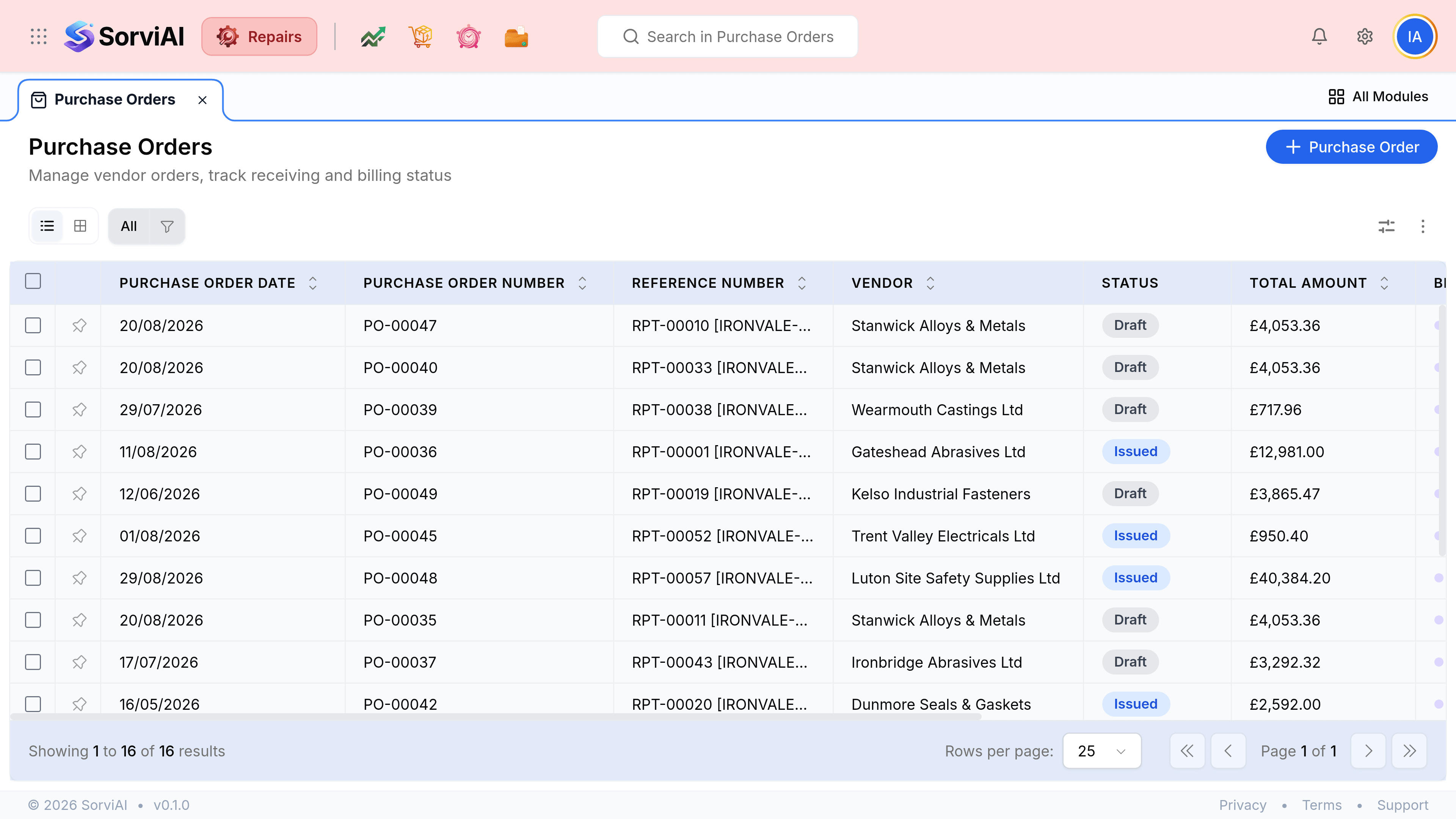 The Purchase Orders list under a tab reading Purchase Orders, headed Purchase Orders with the subtitle Manage vendor orders, track receiving and billing status. Columns read Purchase Order Date, Purchase Order Number, Reference Number, Vendor, Status, Total Amount, Billed and Expected Delivery. Every Reference Number cell holds a repair ticket number such as RPT-00013 with an IRONVALE tag. Status badges read Issued in blue and Draft in grey, against suppliers including Luton Site Safety Supplies Ltd, Stanwick Alloys and Metals, Gateshead Abrasives Ltd and Wearmouth Castings Ltd. Every row in the Billed column reads Not Billed. The foot reads showing 1 to 16 of 16 results.