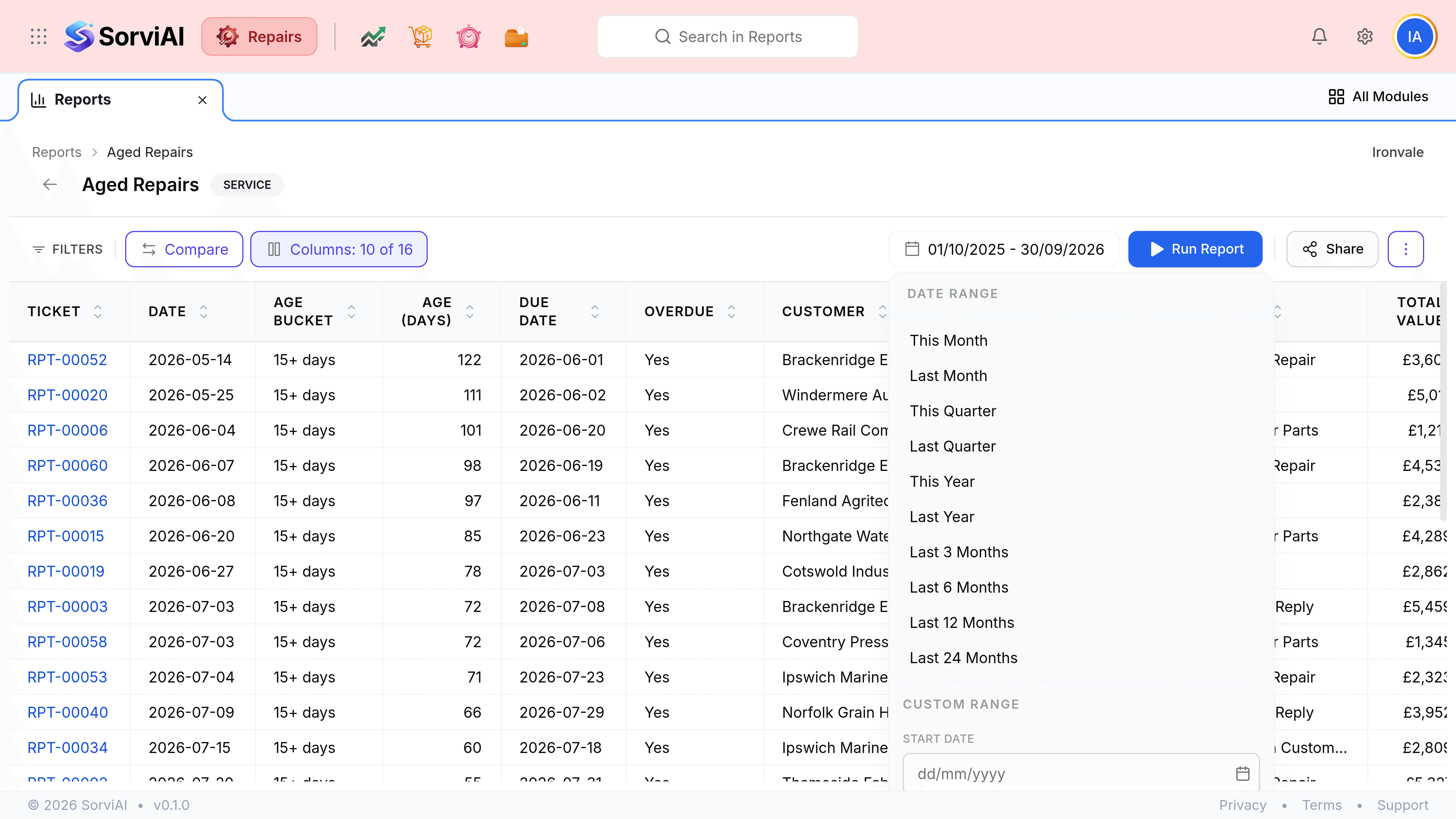 The date range popover open on a report, headed DATE RANGE with ten presets: This Month, Last Month, This Quarter, Last Quarter, This Year, Last Year, Last 3 Months, Last 6 Months, Last 12 Months and Last 24 Months. Below them a CUSTOM RANGE section holds Start Date and End Date fields in day, month, year format and an Apply button.