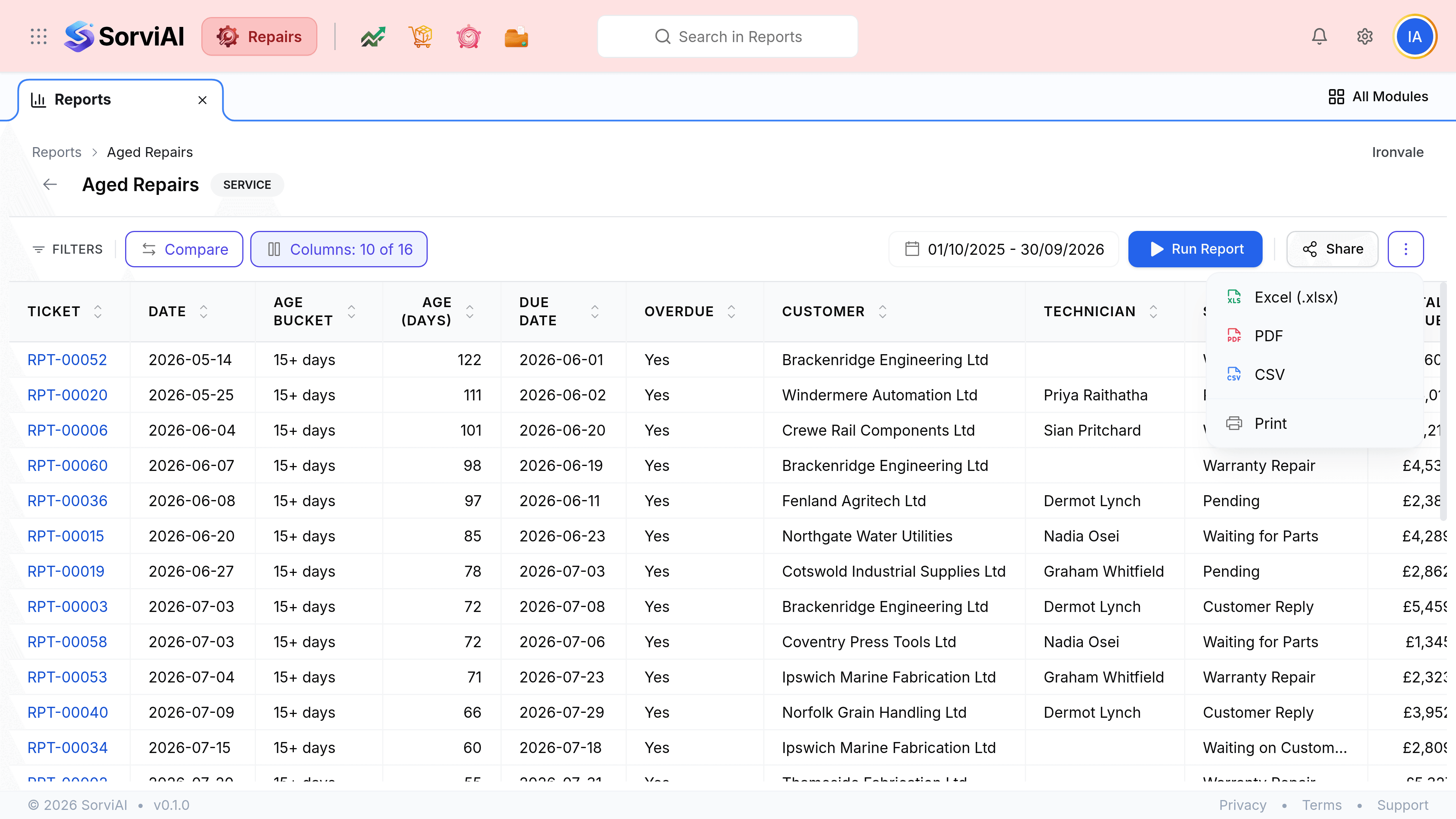 The Repair Summary report with the export menu open from the three-dot control beside Run Report. The menu lists Excel (.xlsx) with a green spreadsheet icon, PDF with a red document icon, and CSV with a blue icon, then a separated Print entry with a printer icon. Behind it the report table shows monthly rows from May to September 2026 and a Total row of 64 tickets and 225,780 pounds.
