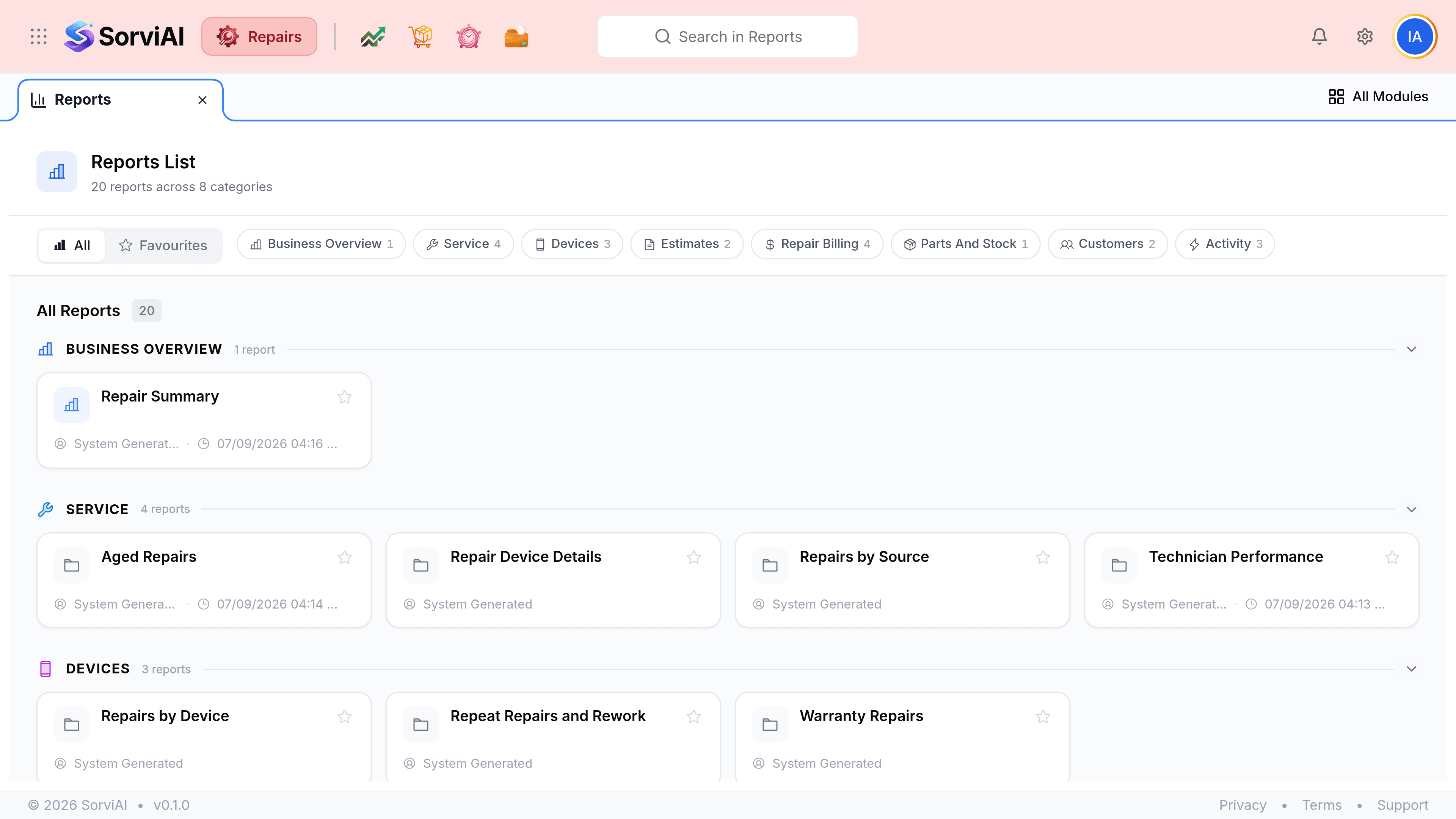 The Reports List screen headed Reports List with the subtitle 20 reports across 8 categories, and a Search reports box. A row of category chips reads All, Favourites, Business Overview 1, Service 4, Devices 3, Estimates 2, Repair Billing 4, Parts And Stock 1, Customers 2 and Activity 3. Below them a Business Overview section holds its single report, Repair Summary.