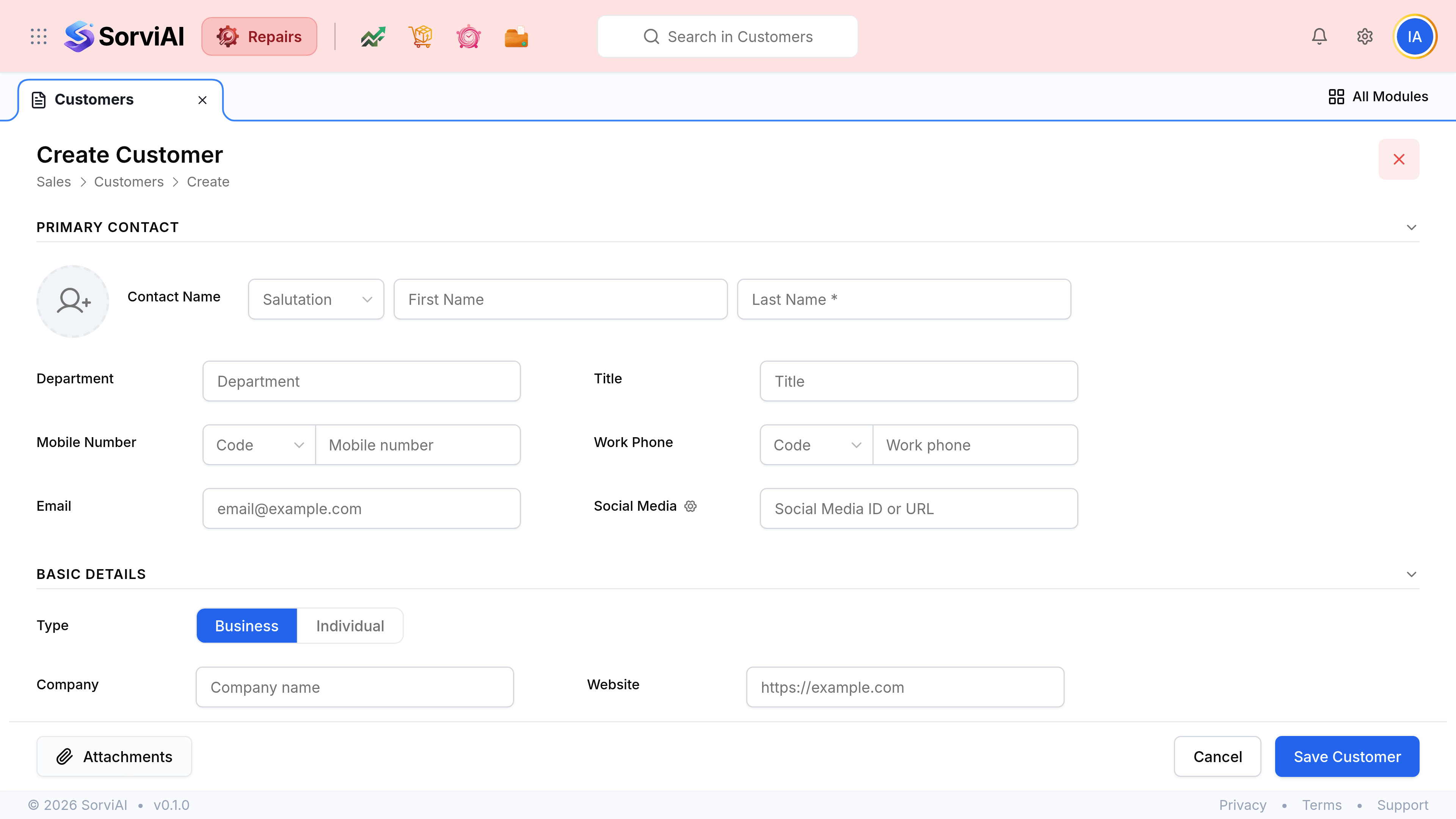 The Create Customer screen with a breadcrumb reading Sales, Customers, Create. A Primary Contact section holds Salutation, First Name and a required Last Name, then Department, Title, Mobile Number and Work Phone with dialling code pickers, Email and Social Media. A Basic Details section holds a Type choice of two buttons reading Business and Individual with Business selected, then Company, Website and a required Display As field. An Other Details section below holds Tax Treatment set to VAT-UK and a VAT Reg. Number with a GB prefix. The footer holds Attachments, Cancel and Save Customer.