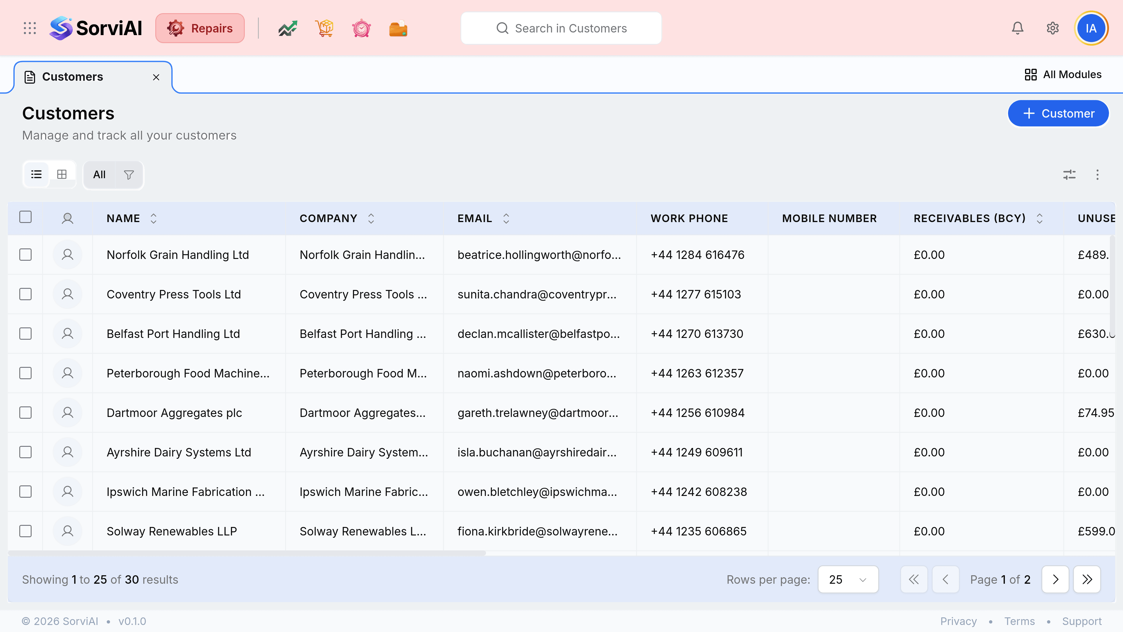 The Customers list under a tab reading Customers, headed Customers with the subtitle Manage and track all your customers. Columns read Name, Company, Email, Work Phone, Mobile Number, Receivables in base currency and Unused Credits in base currency. Rows include Norfolk Grain Handling Ltd with 489.50 pounds of unused credits, Belfast Port Handling Ltd with 630.00 pounds, Solway Renewables LLP with 599.00 pounds and Tyneside Dry Dock Services Ltd. The foot reads showing 1 to 25 of 30 results.