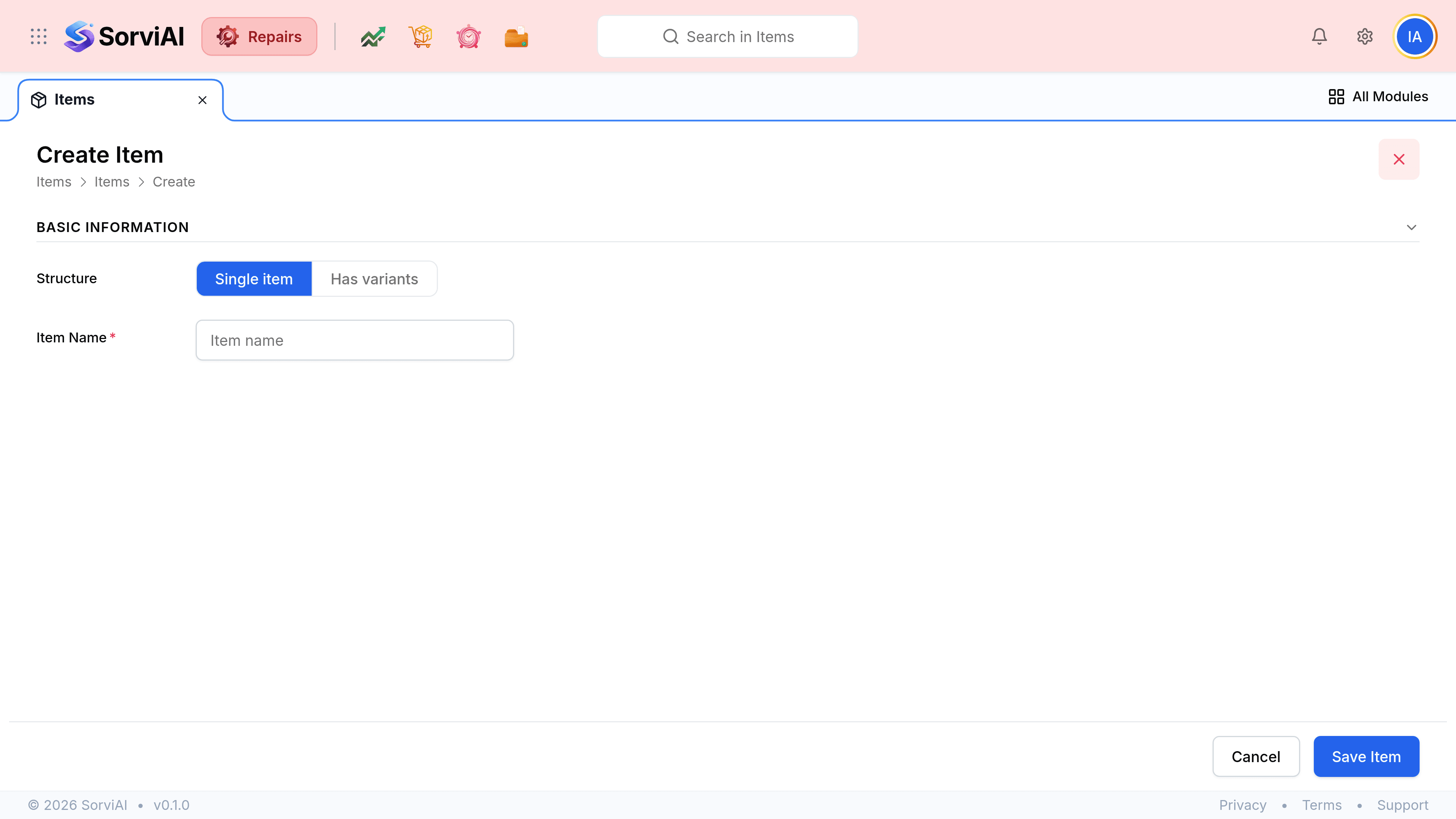The Create Item screen with a breadcrumb reading Items, Items, Create. A Basic Information section holds a Structure choice of two buttons reading Single item and Has variants, with Single item selected, and a required Name field. A Product Information section holds SKU and Lead Time fields beside an Images upload area accepting JPG, PNG and WebP up to fifteen files. An Other Details section holds MPN for a manufacturer part number, a Classification section holds Category and Manufacturer pickers, and a Sales Information section begins below with a required Amount in GBP and a required Account set to Sales. Cancel and Save Item sit at the foot.