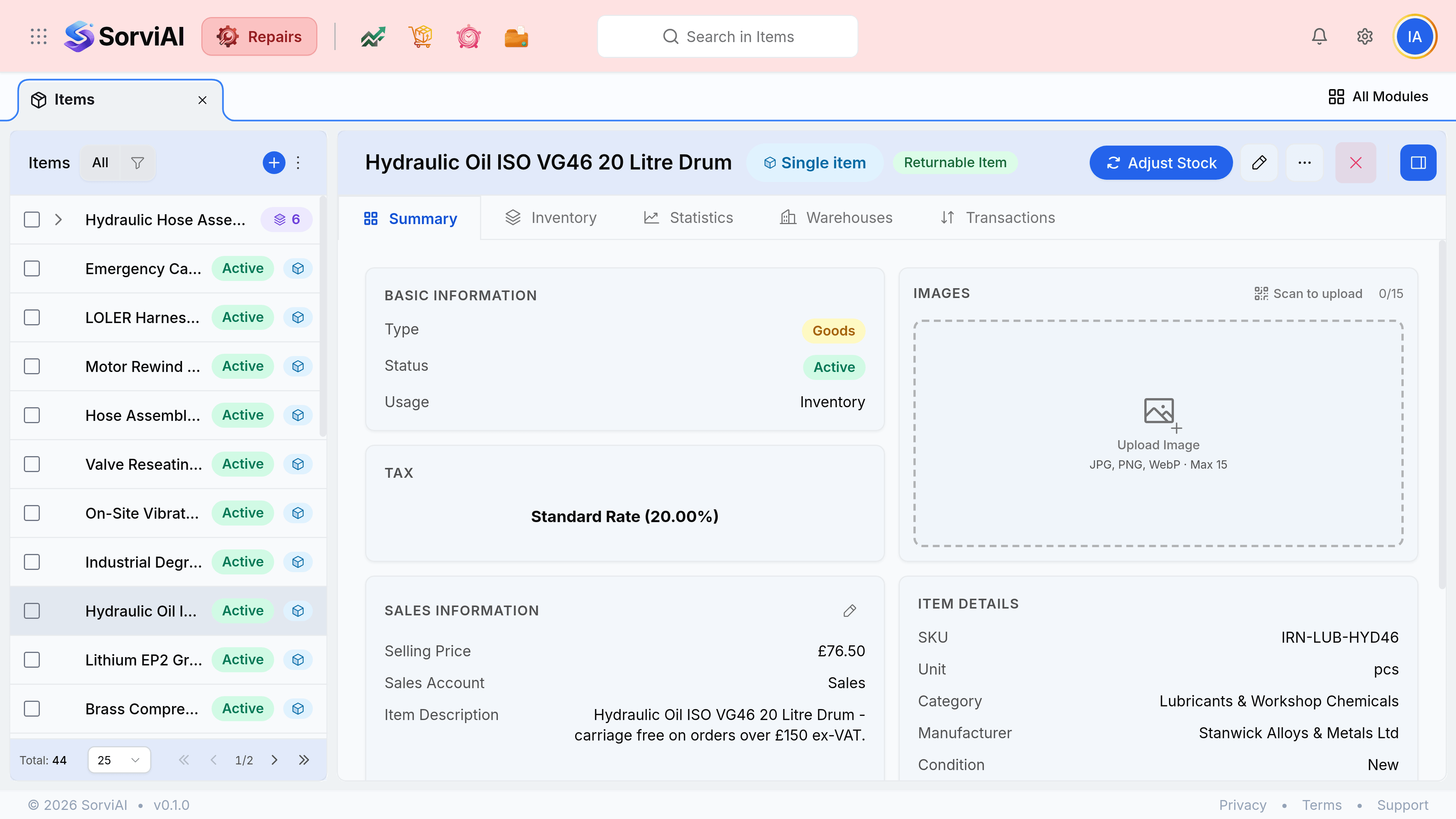 The item record for Hydraulic Oil ISO VG46, badged Single item and Returnable Item, with an Adjust Stock button and five tabs reading Summary, Inventory, Statistics, Warehouses and Transactions. The Summary tab shows Basic Information giving a Type of Goods, a Status of Active and a Usage of Inventory; a Tax panel reading Standard Rate 20 per cent; Sales Information with a selling price of 76.50 pounds against a Sales account; Purchase Information with a cost price of 39.20 pounds against Cost of Goods Sold; and an Item Details panel listing SKU IRN-LUB-HYD46, a unit of pcs, a category of Lubricants and Workshop Chemicals, a manufacturer of Stanwick Alloys and Metals Ltd, a condition of New, and a returnable flag reading Yes.