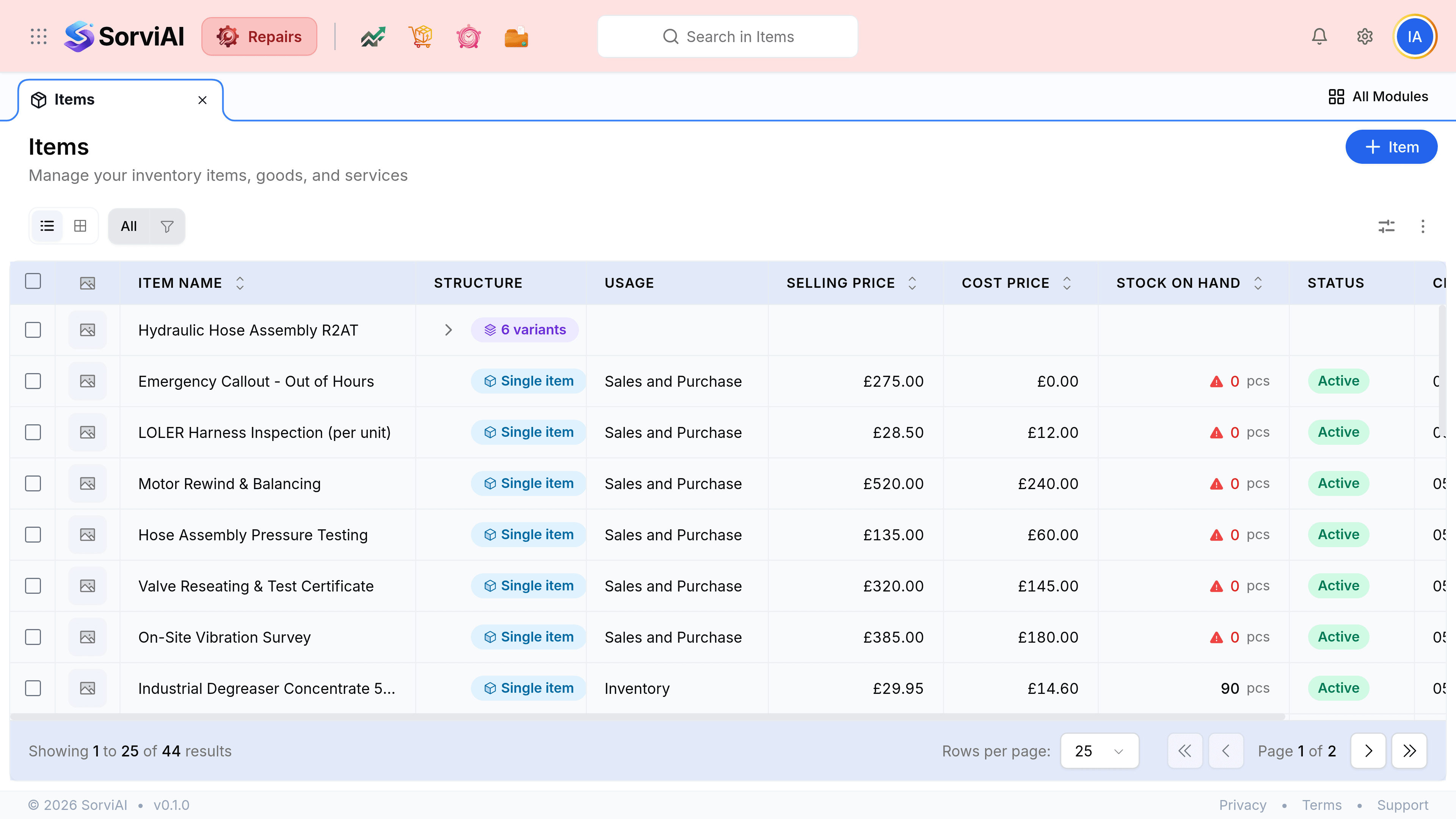The Items list under a tab reading Items, headed Items with the subtitle Manage your inventory items, goods, and services. Columns read Item Name, Structure, Usage, Selling Price, Cost Price, Stock on Hand, Status and Created At. The first row, Hydraulic Hose Assembly R2AT, carries a disclosure chevron and a badge reading 6 variants, and every other column on that row is blank. Below it, rows badged Single item include Emergency Callout - Out of Hours, LOLER Harness Inspection, Motor Rewind and Balancing and On-Site Vibration Survey, all with a Usage of Sales and Purchase and a stock on hand of 0 pcs beside a red warning triangle. Further rows including Industrial Degreaser Concentrate, Hydraulic Oil ISO VG46 and Brass Compression Coupling have a Usage of Inventory with stock of 90, 56 and 134. The foot reads showing 1 to 25 of 44 results.