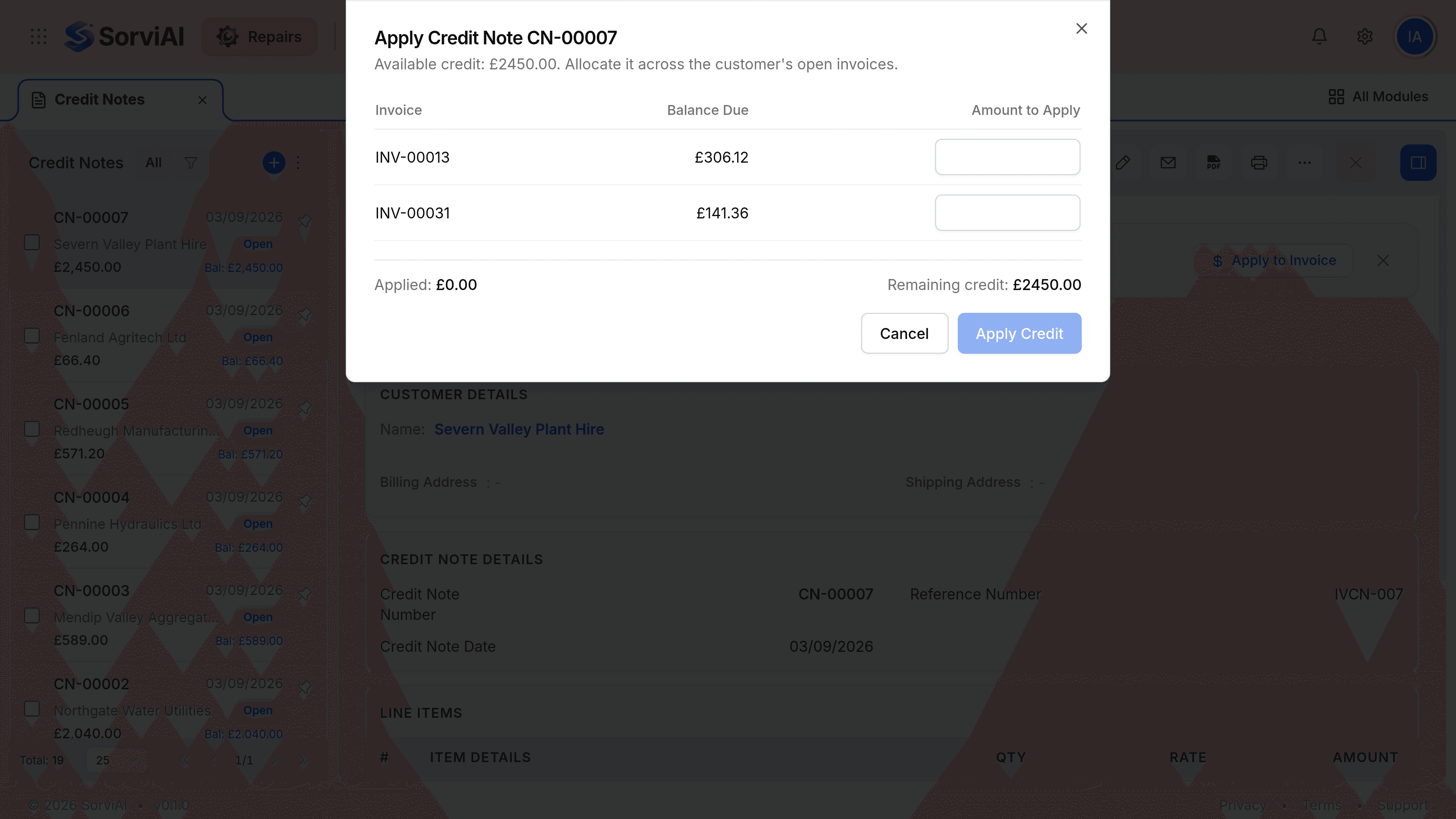An Apply Credit Note dialog over credit note CN-00007, headed Apply Credit Note CN-00007 and reading Available credit 2450.00 pounds, allocate it across the customer's open invoices. A table lists invoice INV-00013 with a balance due of 306.12 pounds and INV-00031 with a balance due of 141.36 pounds, each with an empty Amount to Apply box. A footer line reads Applied 0.00 pounds on the left and Remaining credit 2450.00 pounds on the right, above Cancel and Apply Credit buttons.