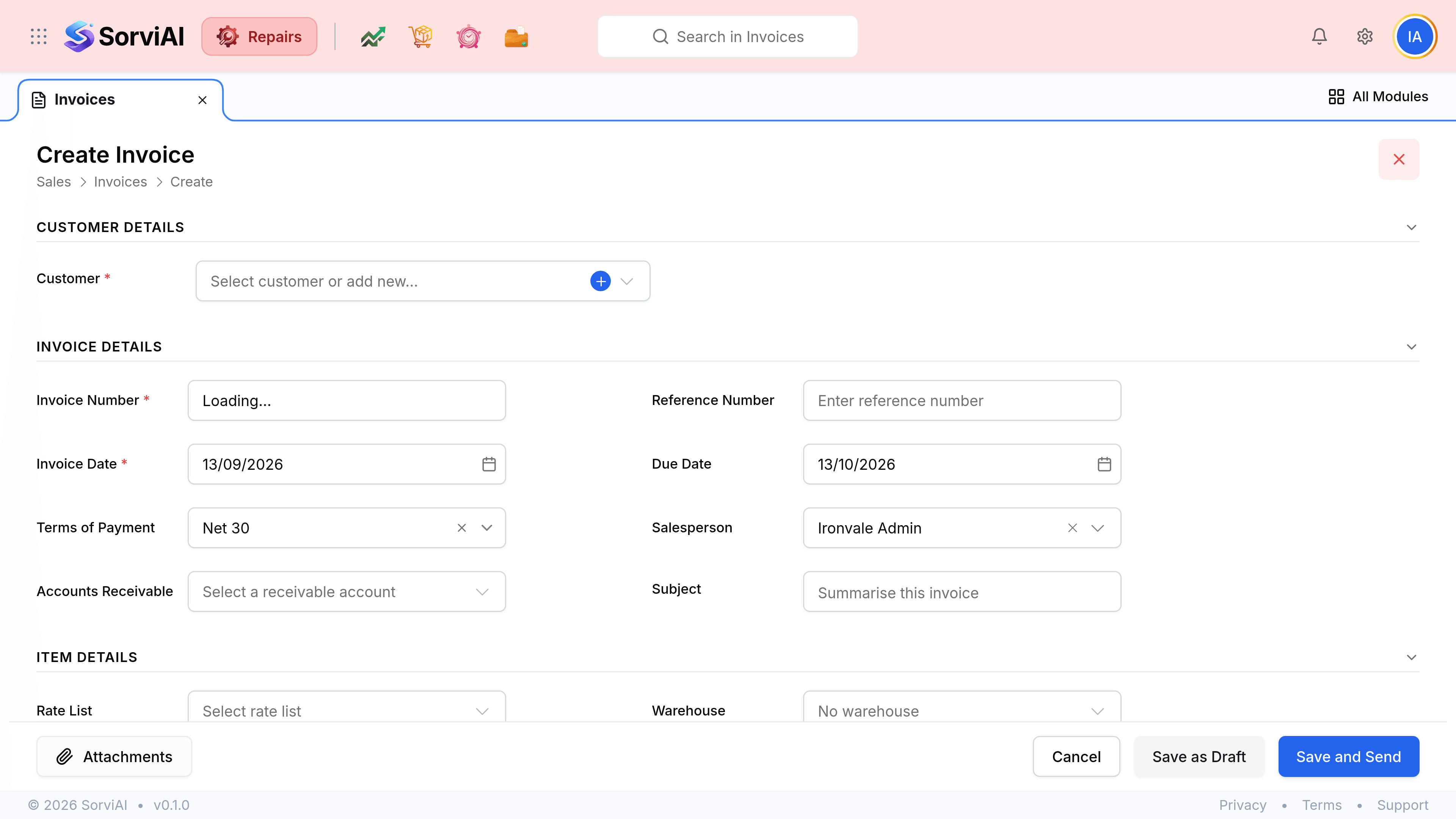 The Create Invoice screen with a breadcrumb reading Sales, Invoices, Create. Customer Details holds a required Customer picker. Invoice Details holds Invoice Number prefilled INV-00083, Reference Number, Invoice Date 07/09/2026, Due Date 07/10/2026, Terms of Payment set to Net 30 Days, Salesperson Ironvale Admin, Accounts Receivable and Subject. Item Details holds a Rate List picker and a Warehouse set to Rotherham Central Warehouse, above a table with Item, Manufacturer, Variant, Lead Time, Qty, Rate, Tax and Amount columns and a New Row button. The footer holds Attachments, Cancel, Save as Draft and Save and Send.
