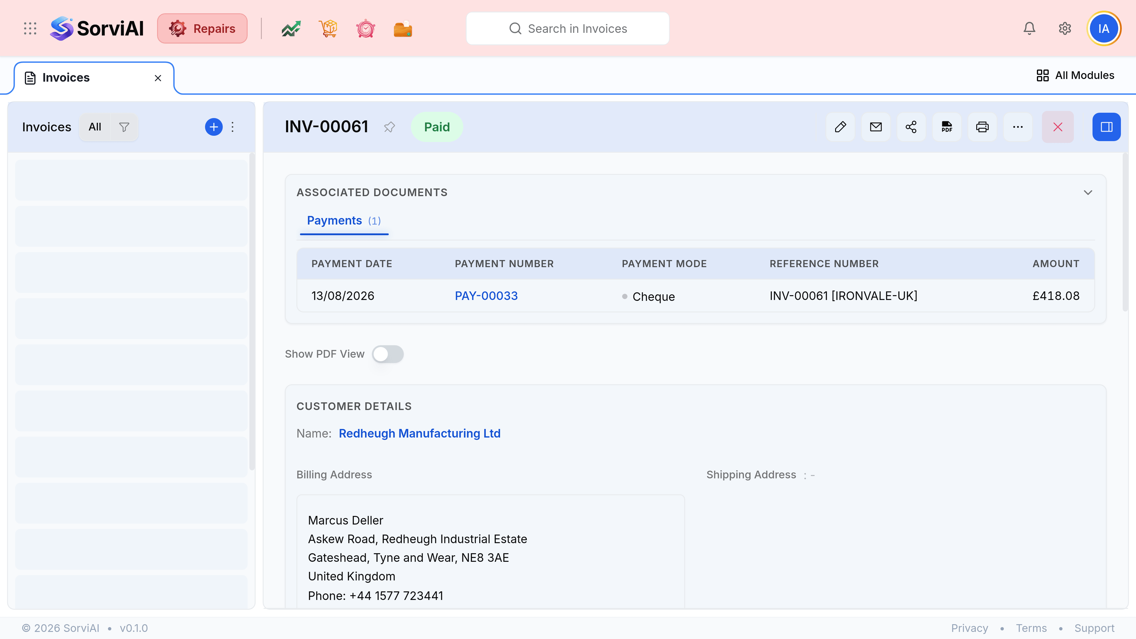 Invoice INV-00074 open and badged Paid. An Associated Documents panel is on its Payments tab, showing PAY-00036 dated 21/11/2025 by Cheque, reference INV-00074 with an IRONVALE-UK tag, for 12,318.00 pounds. Customer Details name Tyneside Dry Dock Services Ltd with billing and shipping addresses in North Shields. Invoice Details list Invoice Number INV-00074, Invoice Date 21/07/2026, Terms of Payment Net 30 Days, Reference Number RPT-00021 with an IRONVALE-UK tag, and Due Date 20/08/2026. The left column lists other invoices badged Paid, Overdue by 21 days, Partially Paid and Draft.