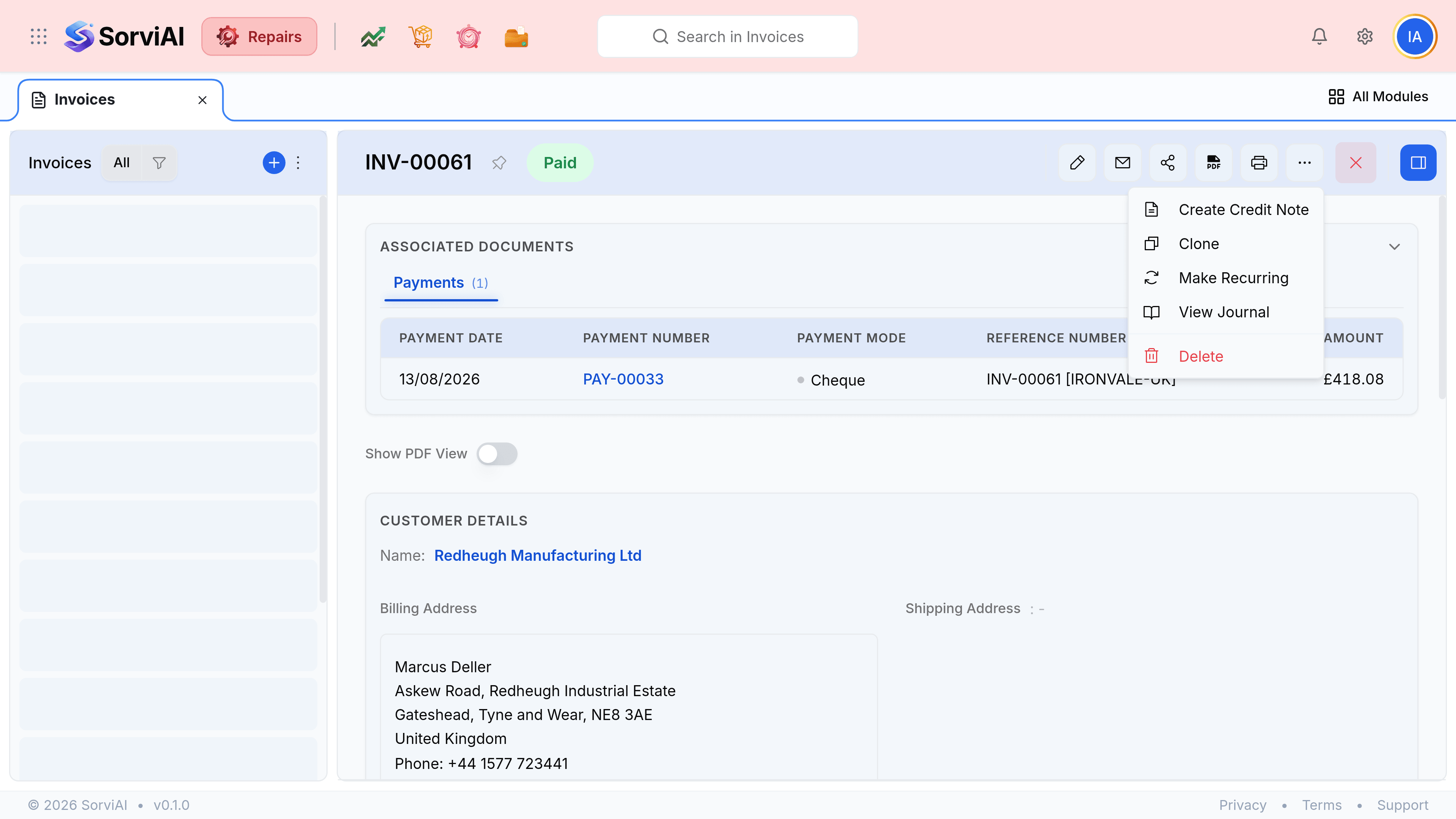 Invoice INV-00074, badged Paid, with the three dot menu open in its header. The menu holds Create Credit Note, Clone, Make Recurring, View Journal, and Delete in red. Behind it the Associated Documents panel shows payment PAY-00036 by Cheque for 12,318.00 pounds, and Invoice Details show Reference Number RPT-00021.