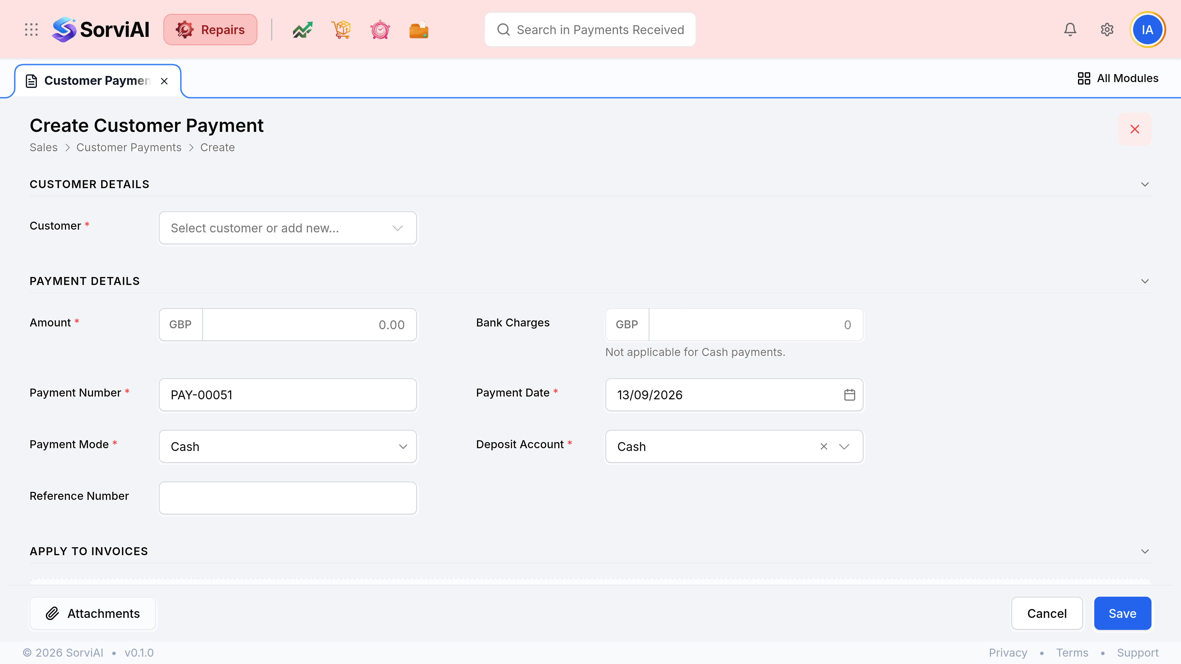 The Create Customer Payment screen with a breadcrumb reading Sales, Customer Payments, Create. Customer Details holds a required Customer picker. Payment Details holds a required Amount field in GBP, a Bank Charges field noted as Not applicable for Cash payments, a required Payment Number prefilled PAY-00051, a required Payment Date of 07/09/2026, a required Payment Mode set to Cash, a required Deposit Account set to Cash, and a Reference Number. An Apply to Invoices panel below reads Select a customer to load their unpaid invoices. The footer holds Attachments, Cancel and Save.