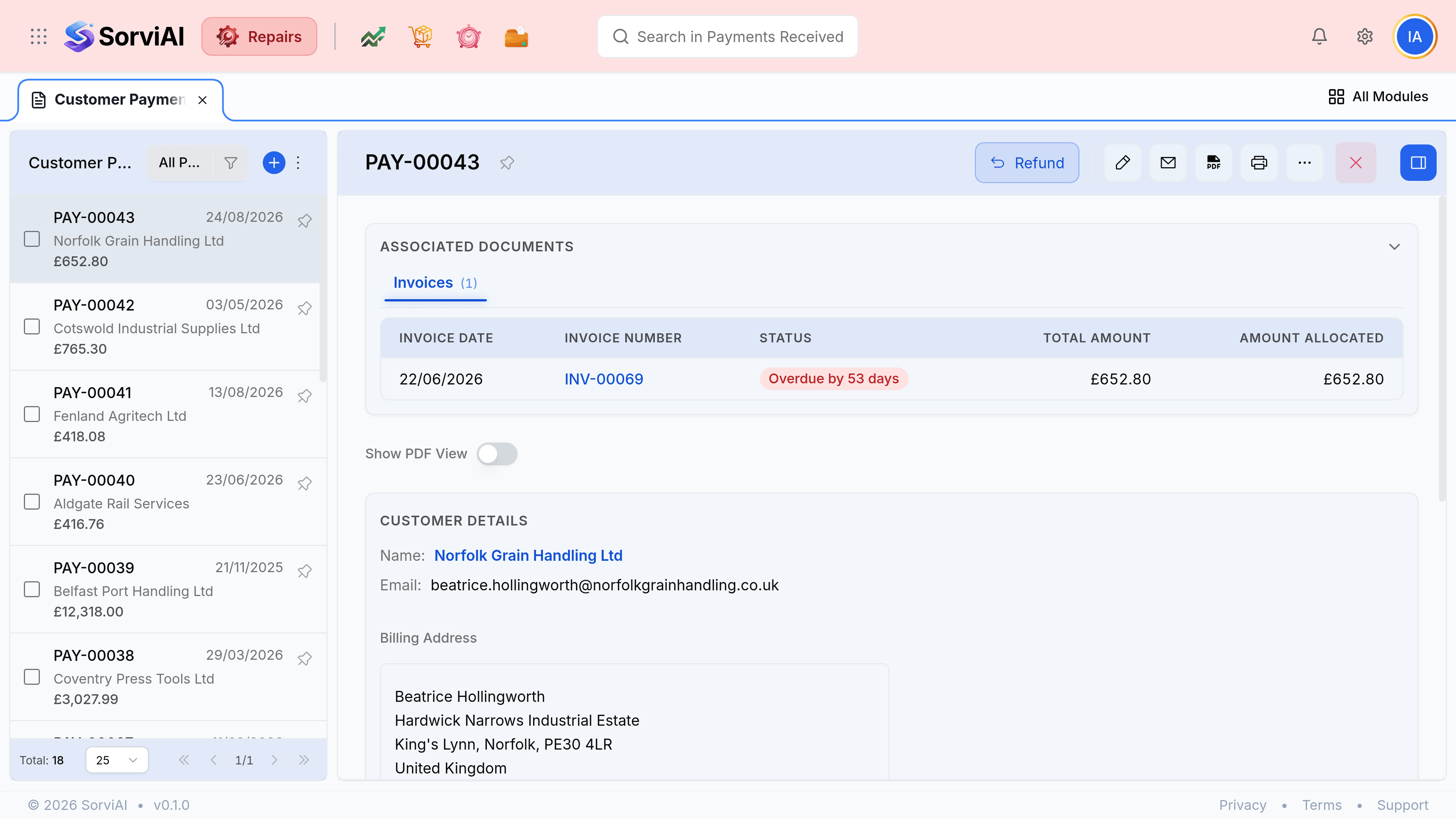 Payment PAY-00043 open, with a Refund button in the header. An Associated Documents panel on its Invoices tab shows INV-00069 dated 22/06/2026, badged Overdue by 47 days, invoice total 652.80 pounds and amount applied 652.80 pounds. Customer Details name Norfolk Grain Handling Ltd. Payment Details list Payment Number PAY-00043, Payment Mode CHAPS, Deposit Account Bank Accounts, Date 24/08/2026 and Reference Number INV-00069 with an IRONVALE-UK tag. An Invoice Allocations table below repeats the invoice number, date, amount and the amount allocated.