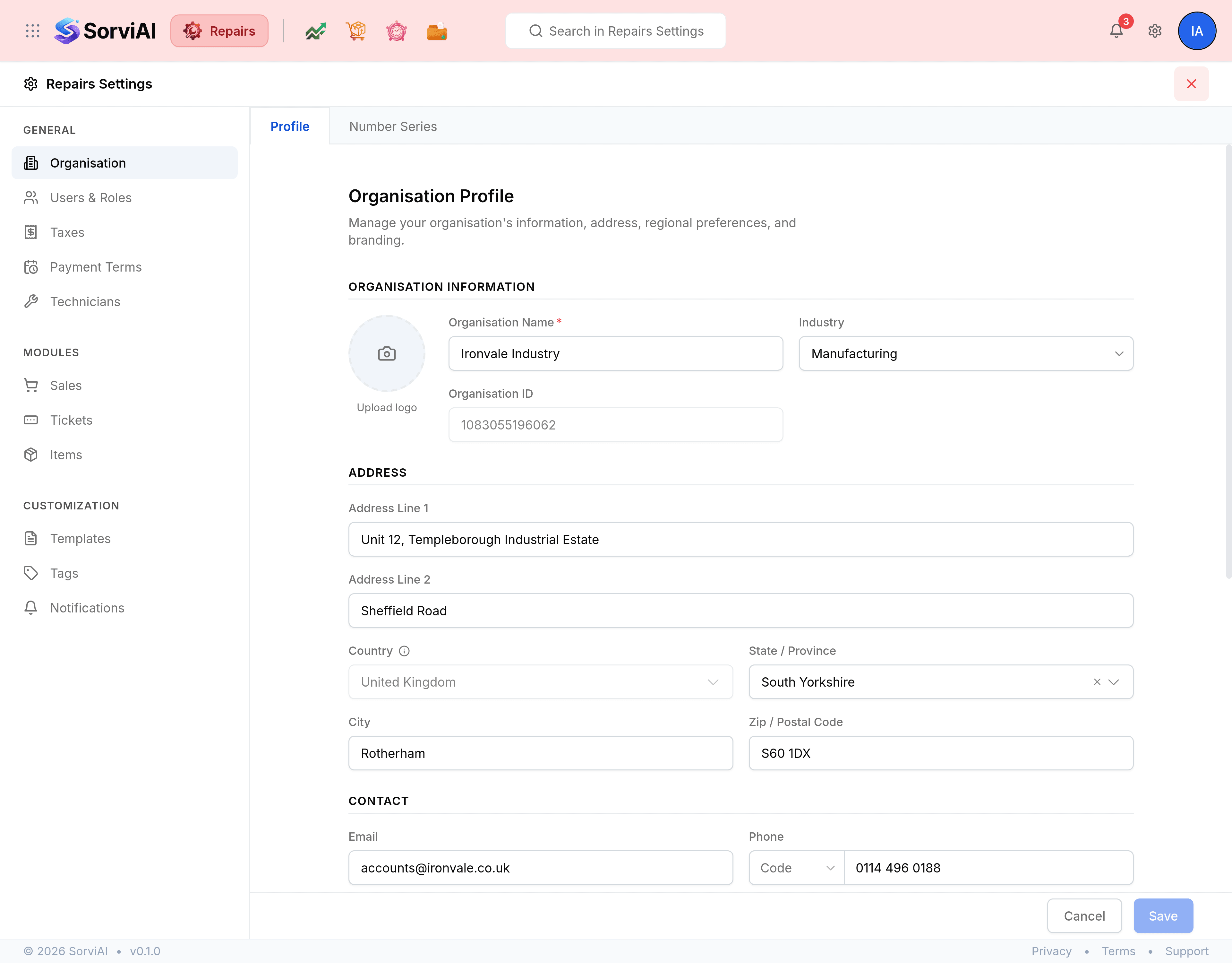 Repairs Settings, headed with a cog and a red cross at the top right, on a pink header reading Repairs. A column on the left lists the screens under three headings: GENERAL holds Organisation, Users & Roles, Taxes, Payment Terms and Technicians; MODULES holds Sales, Tickets and Items; CUSTOMIZATION holds Templates, Tags and Notifications. Organisation is selected and carries two tabs, Profile and Number Series, with the Profile tab showing Organisation Name Ironvale Industry, Industry Manufacturing, and an address in Rotherham, South Yorkshire.