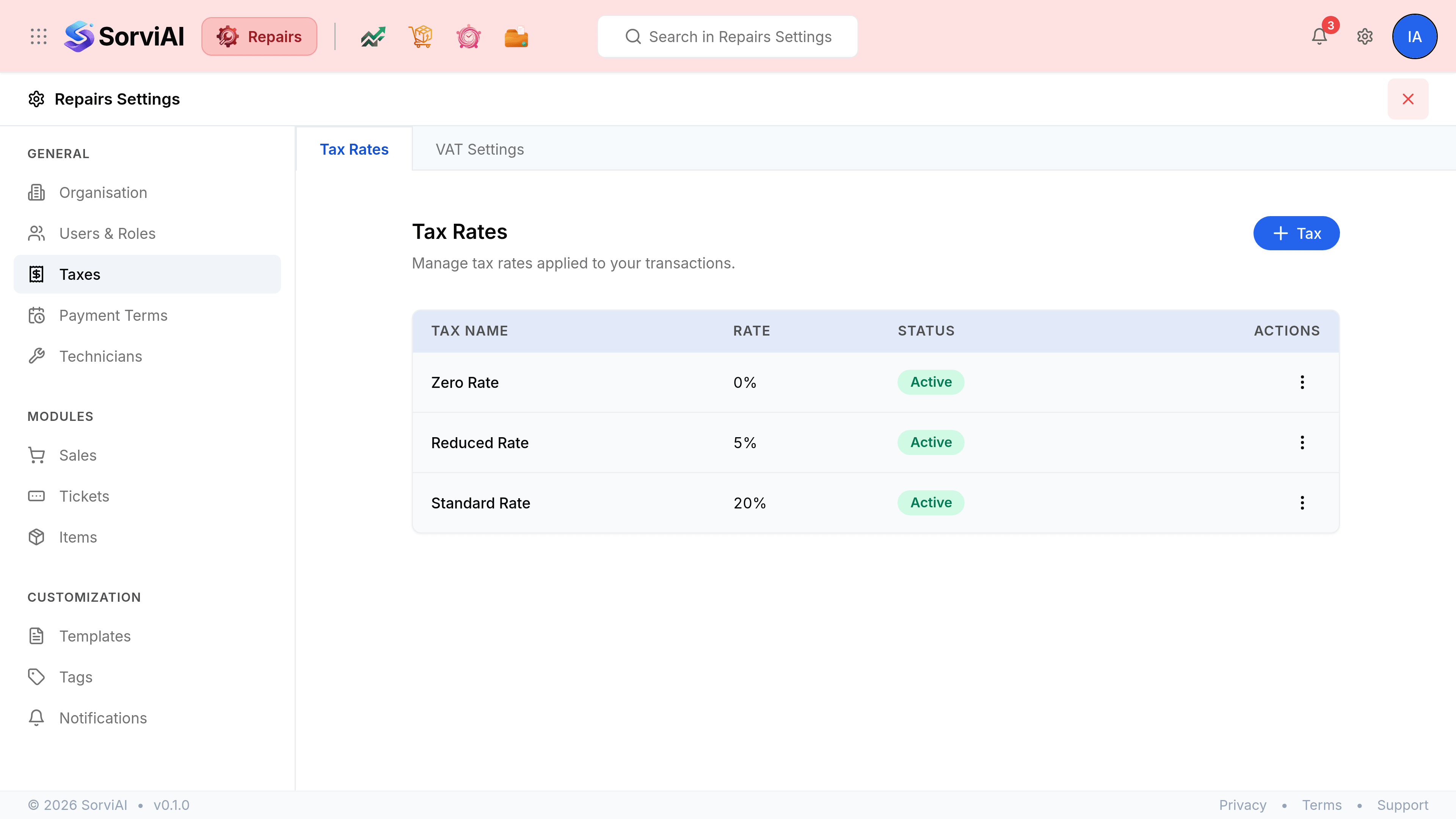 The Tax Rates tab of Taxes in Repairs Settings, headed Tax Rates above the line Manage tax rates applied to your transactions, with a blue Tax button at the right. A table with columns TAX NAME, RATE, STATUS and ACTIONS lists Zero Rate at 0%, Reduced Rate at 5% and Standard Rate at 20%, each marked Active.