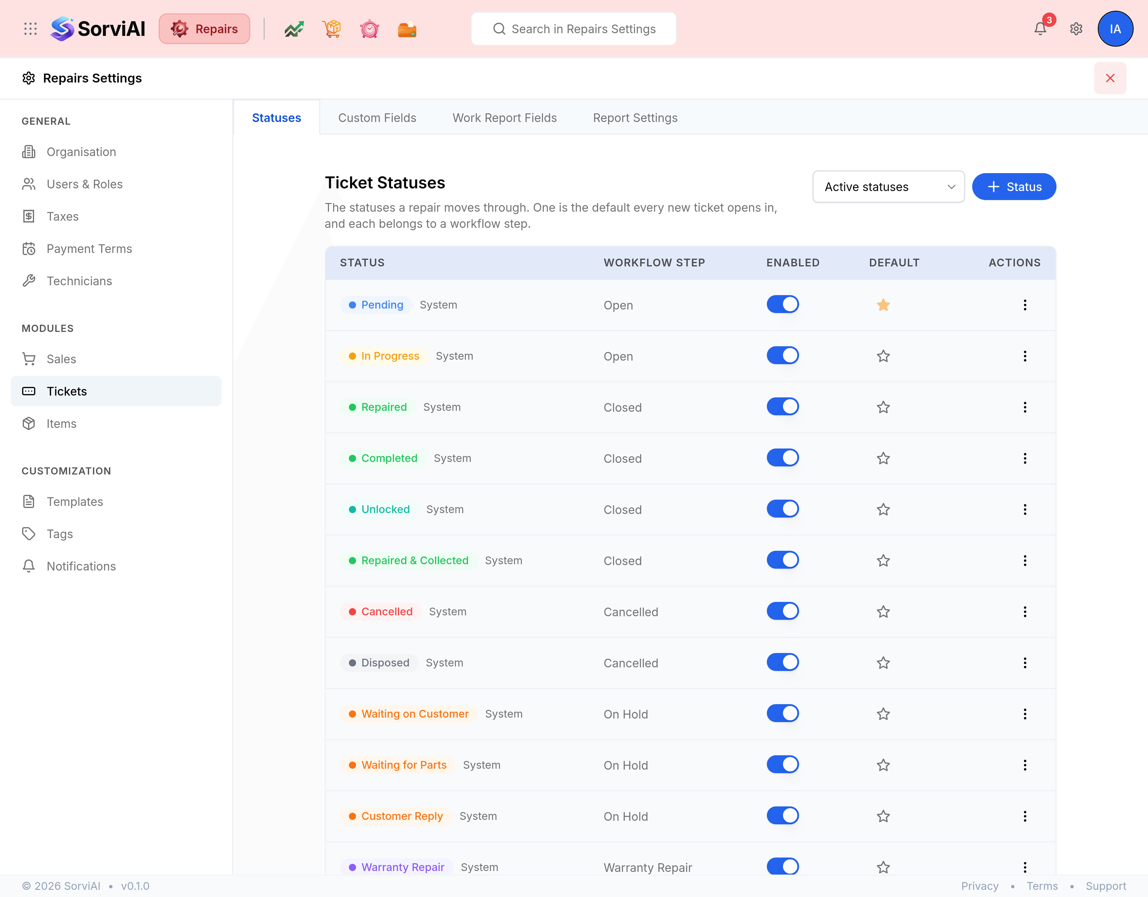 The Statuses tab of Tickets in Repairs Settings, headed Ticket Statuses above the line The statuses a repair moves through. One is the default every new ticket opens in, and each belongs to a workflow step. An Active statuses filter and a blue Status button sit at the right. A table with columns STATUS, WORKFLOW STEP, ENABLED, DEFAULT and ACTIONS lists twelve statuses, each a coloured chip marked System: Pending and In Progress under Open; Repaired, Completed, Unlocked and Repaired & Collected under Closed; Cancelled and Disposed under Cancelled; Waiting on Customer, Waiting for Parts and Customer Reply under On Hold; and Warranty Repair under Warranty Repair. Every row is enabled, and a gold star marks Pending as the default.