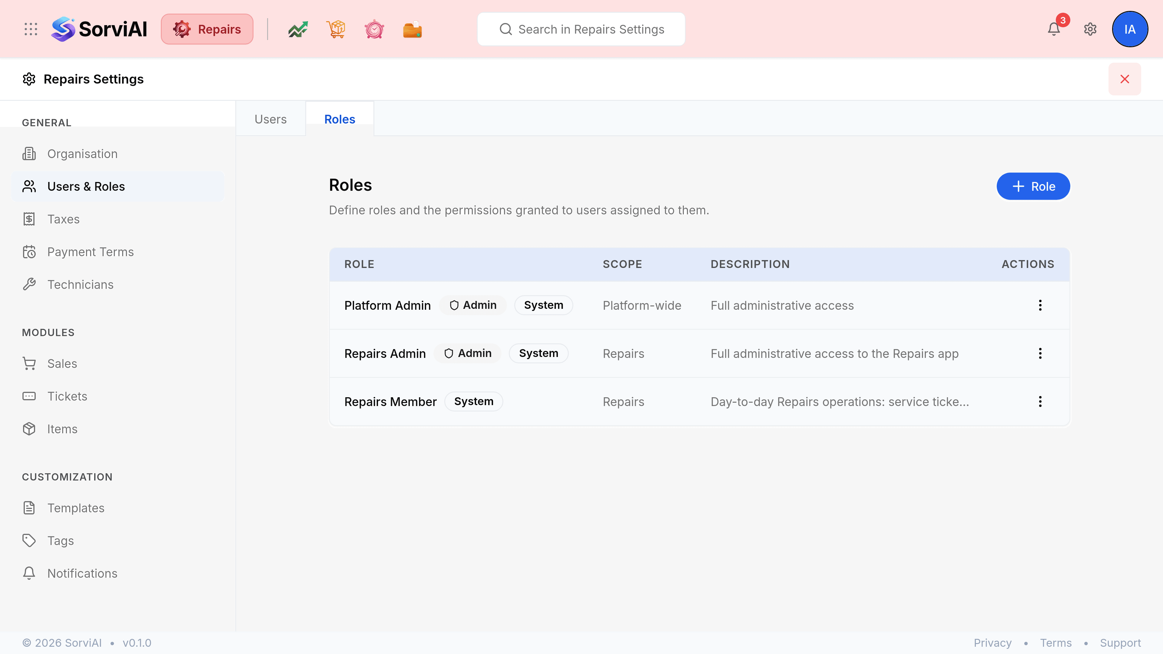 The Roles tab of Users & Roles in Repairs Settings, headed Roles above the line Define roles and the permissions granted to users assigned to them, with a blue Role button at the right. A table with columns ROLE, SCOPE, DESCRIPTION and ACTIONS lists roles carrying Admin and System badges, each showing the app its scope covers and a short description.