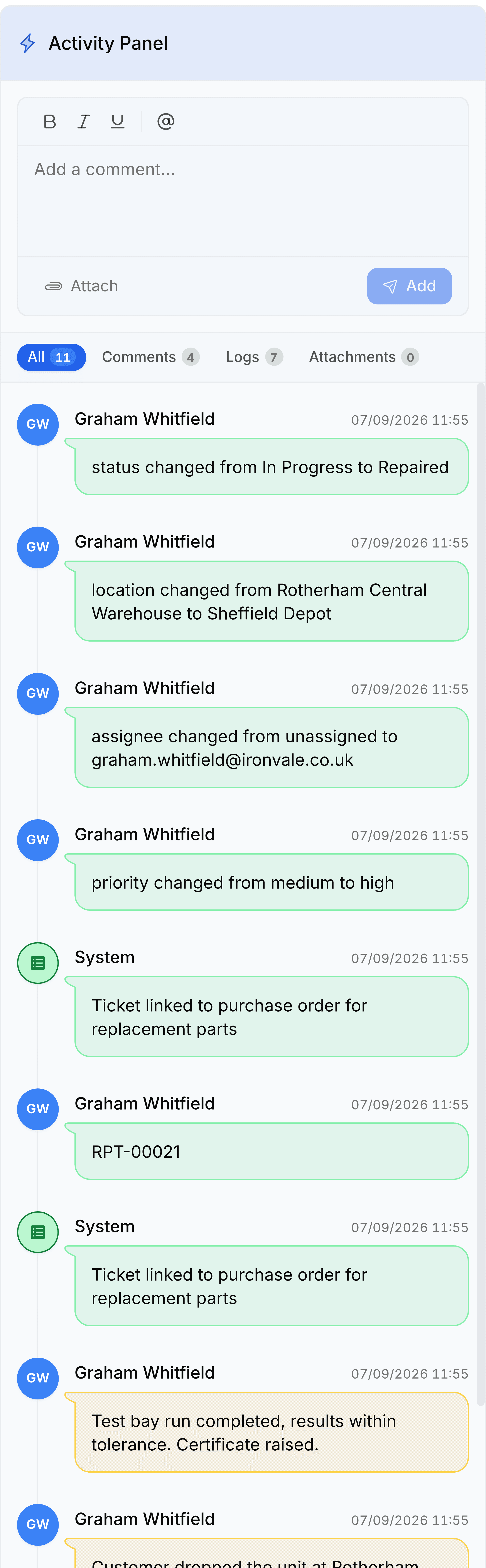 The Activity Panel of a ticket. A comment box with bold, italic, underline and mention controls sits at the top, with an Attach control, an Internal toggle and an Add button beneath it. Filter chips read All 11, Comments 4, Logs 7 and Attachments 0. The entries below are logs by Graham Whitfield timestamped 07/09/2026, reading status changed from In Progress to Repaired, location changed from Rotherham Central Warehouse to Sheffield Depot, assignee changed from unassigned to graham.whitfield@ironvale.co.uk, and priority changed from medium to high.