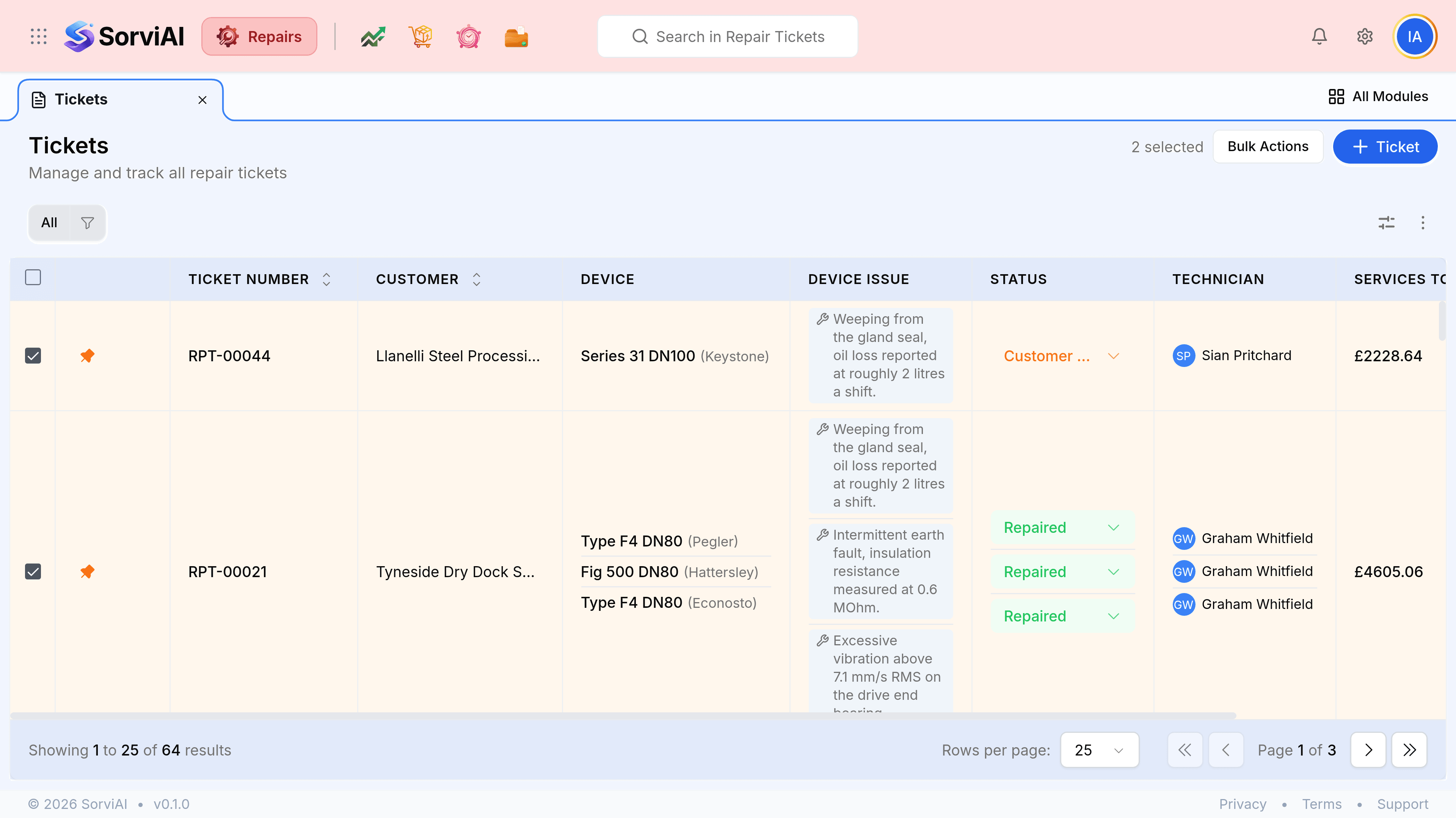 The Tickets list with two rows selected, RPT-00044 and RPT-00021. A counter reading 2 selected and a Bulk Actions button appear in the header beside the Ticket button, which is where bulk operations are started from once rows are picked.