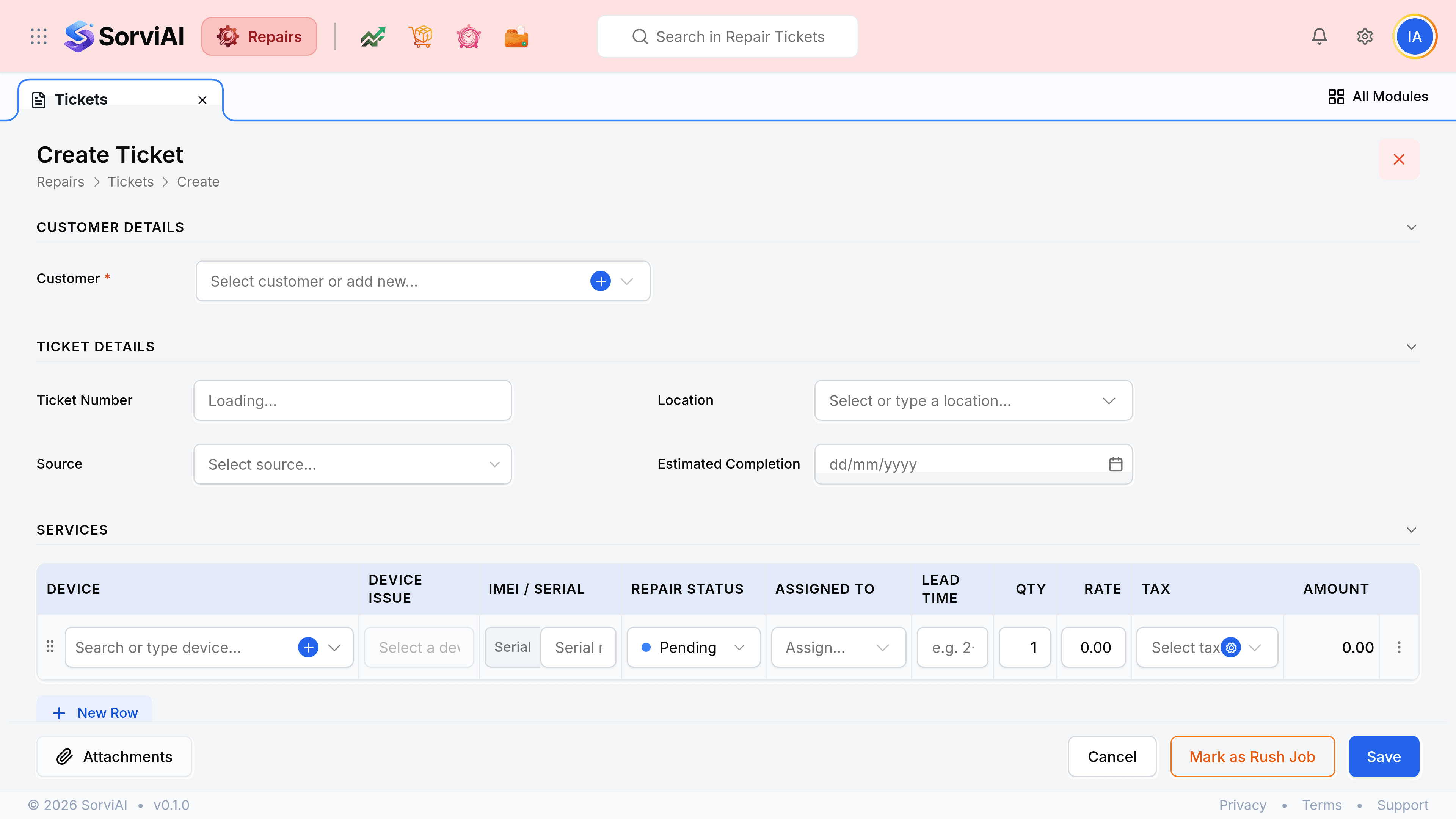 The Create Repair Ticket screen with a breadcrumb reading Repairs, Tickets, Create Repair Ticket. Customer Details holds one required Customer picker, and Ticket Details holds Ticket number, Location, Source and Est. Completion. Services and Parts tables follow. The footer holds an Attachments control at the left, beside Cancel, Mark as Rush Job and Save.