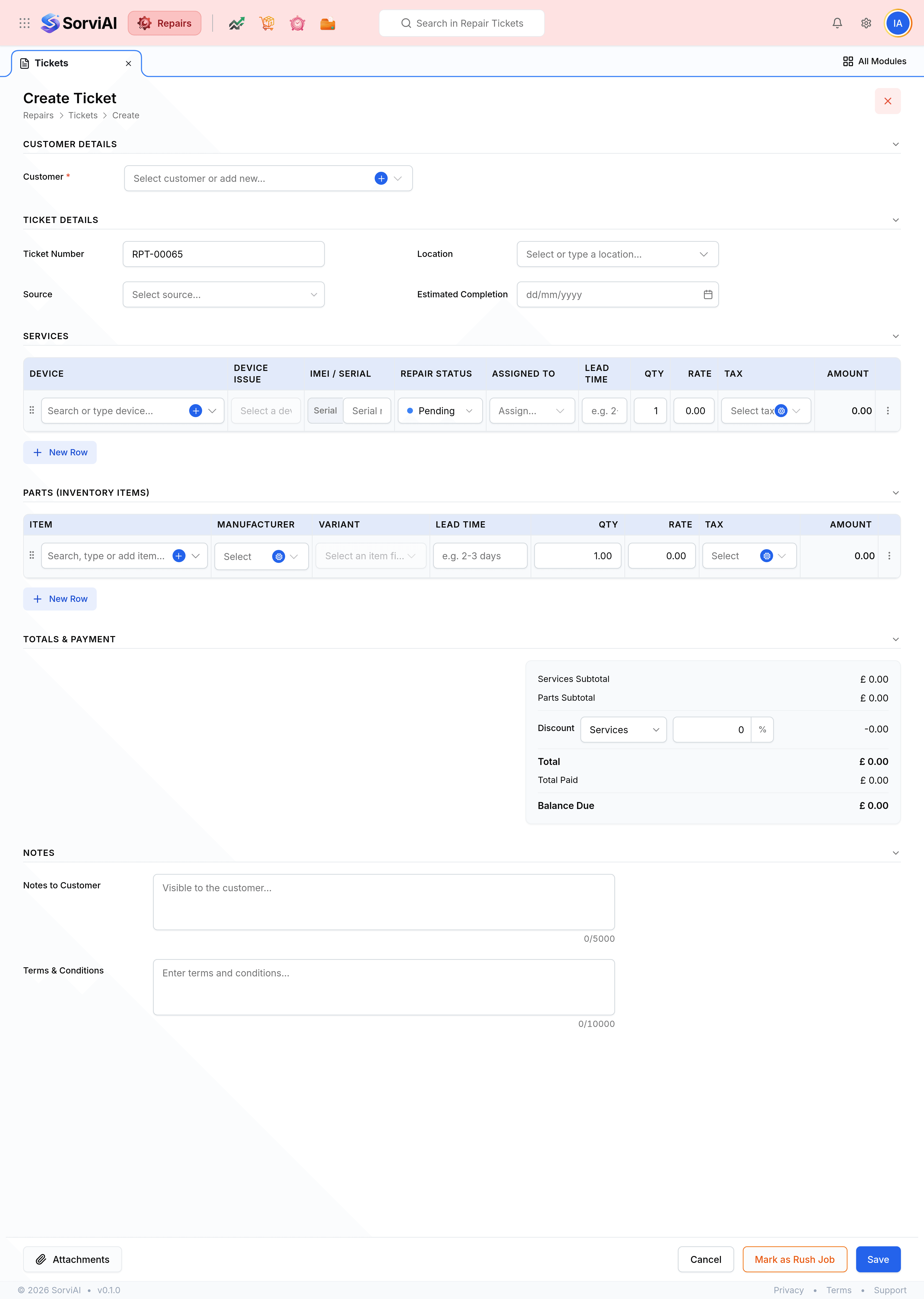 The lower half of the Create Repair Ticket form. A Parts (Inventory Items) table sits above a Totals & Payment panel listing Services Subtotal, Parts Subtotal, a Discount row with a picker set to Services and a percentage field, then Total, Total Paid and Balance Due, each showing zero pounds. A Notes section below holds a Notes to Customer box reading Visible to the customer.