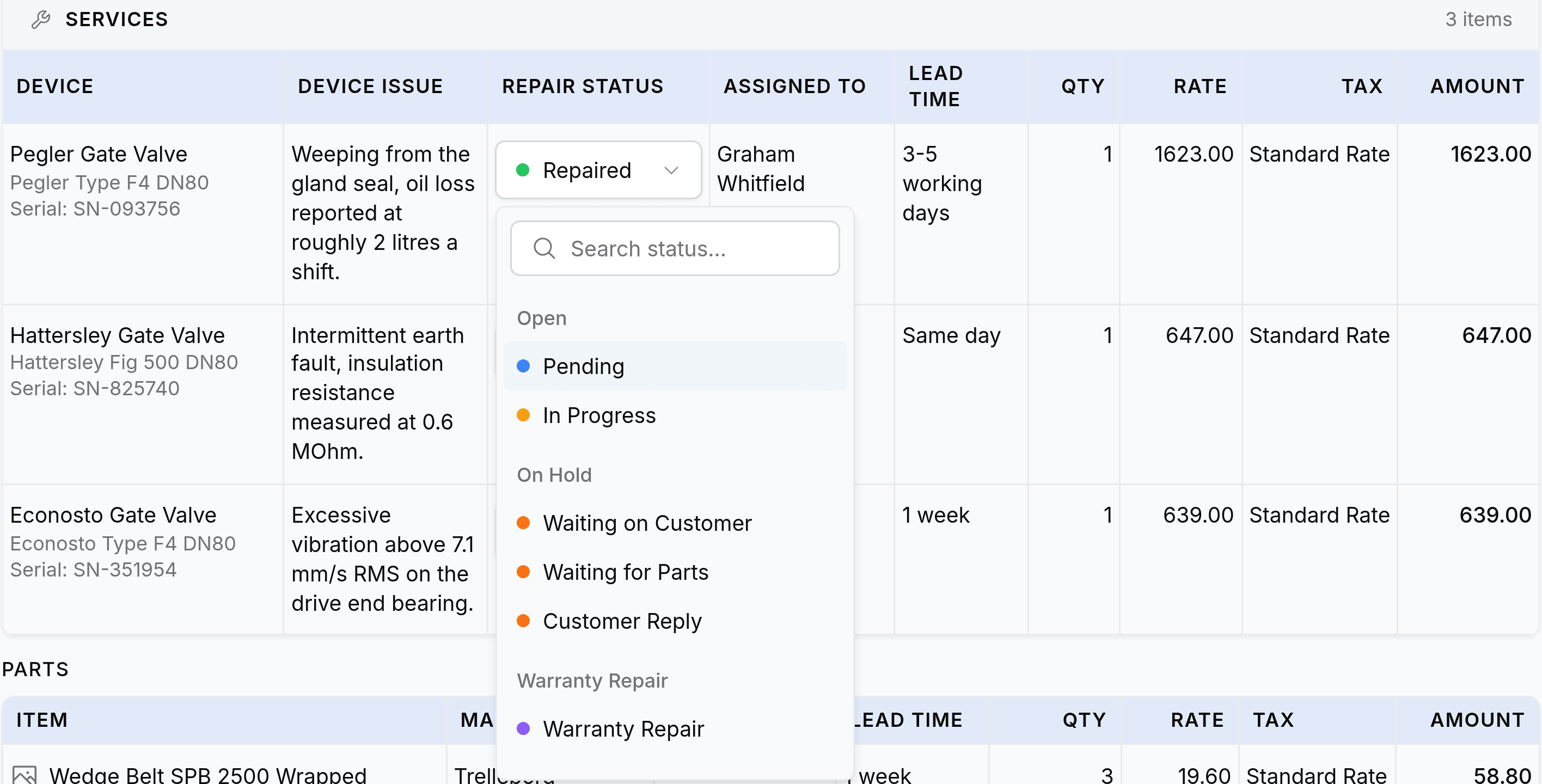 A ticket's Services panel with the Repair Status picker open on the first row. The picker holds a Search status box, then a heading Open with Pending and In Progress, then On Hold with Waiting on Customer, Waiting for Parts and Customer Reply, then Warranty Repair with a single Warranty Repair entry. Each status carries a coloured dot. Behind the picker the three service rows show a Pegler, a Hattersley and an Econosto gate valve with their faults and serial numbers.