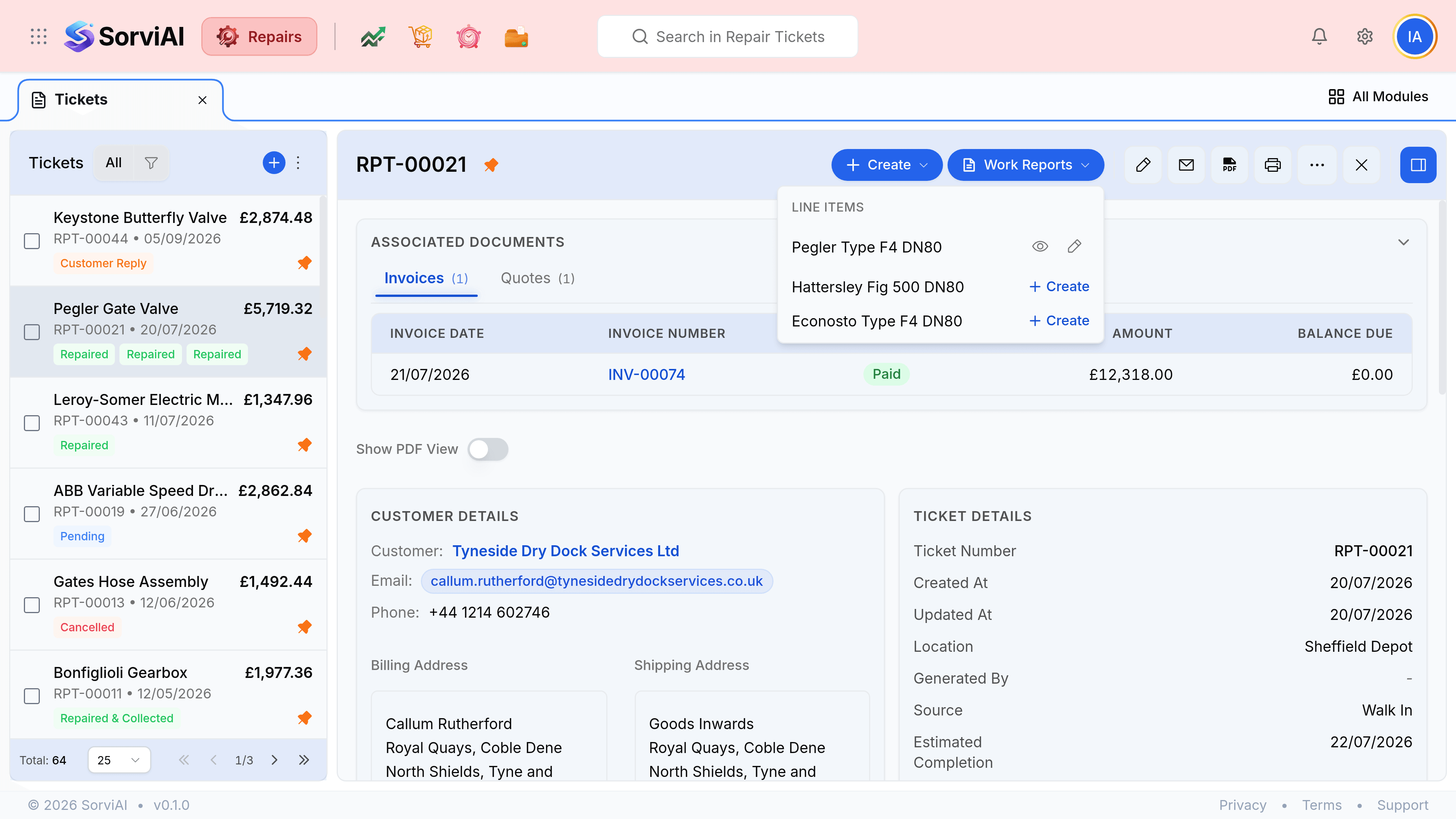 The Work Reports menu open on ticket RPT-00021, headed LINE ITEMS. Three rows are listed. Pegler Type F4 DN80 carries an eye icon and a pencil icon, meaning a report already exists for it. Hattersley Fig 500 DN80 and Econosto Type F4 DN80 each carry a plus Create link instead.