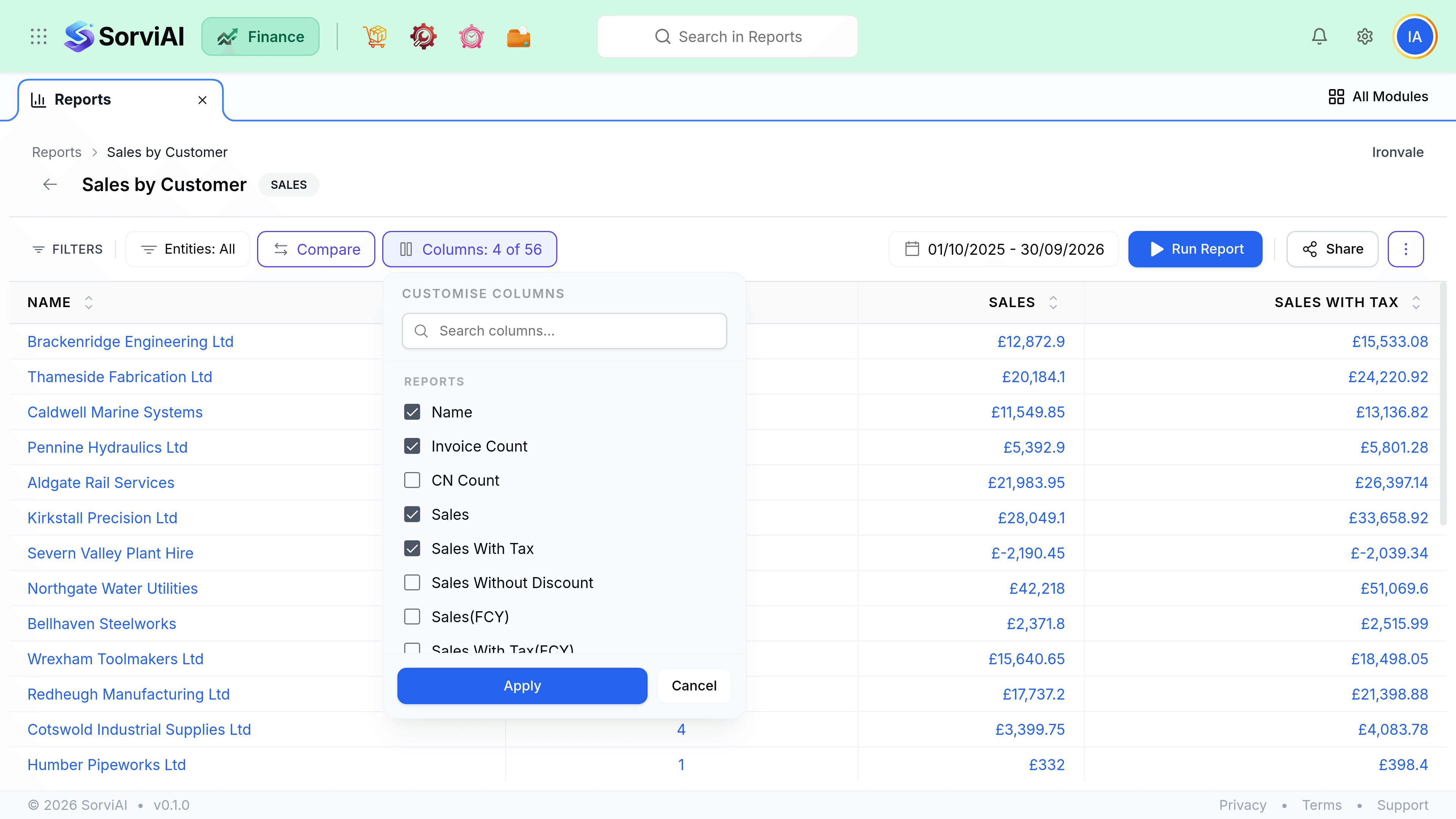 The Sales by Customer report with a Customise Columns panel open beneath the Columns button. It holds a Search columns box and a checklist headed Reports: Name, Invoice Count, Sales and Sales With Tax are ticked, while CN Count, Sales Without Discount and Sales in foreign currency are unticked. Apply and Cancel sit at the foot.