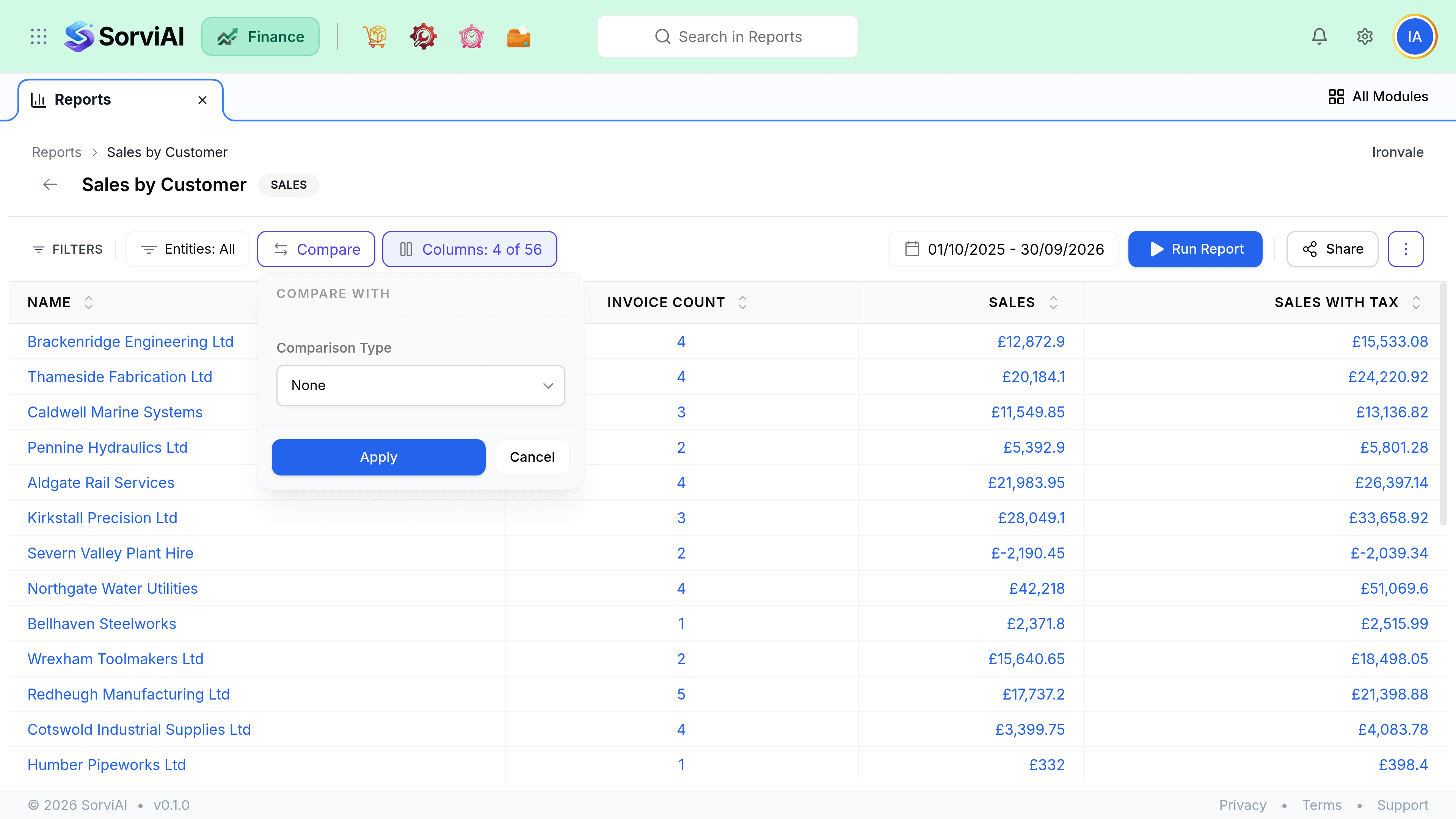 The Sales by Customer report with a Compare With panel open beneath the Compare button in the filter row. It holds a single Comparison Type dropdown set to None, with Apply and Cancel buttons below it. The report table showing Name, Invoice Count, Sales and Sales With Tax stays visible behind.