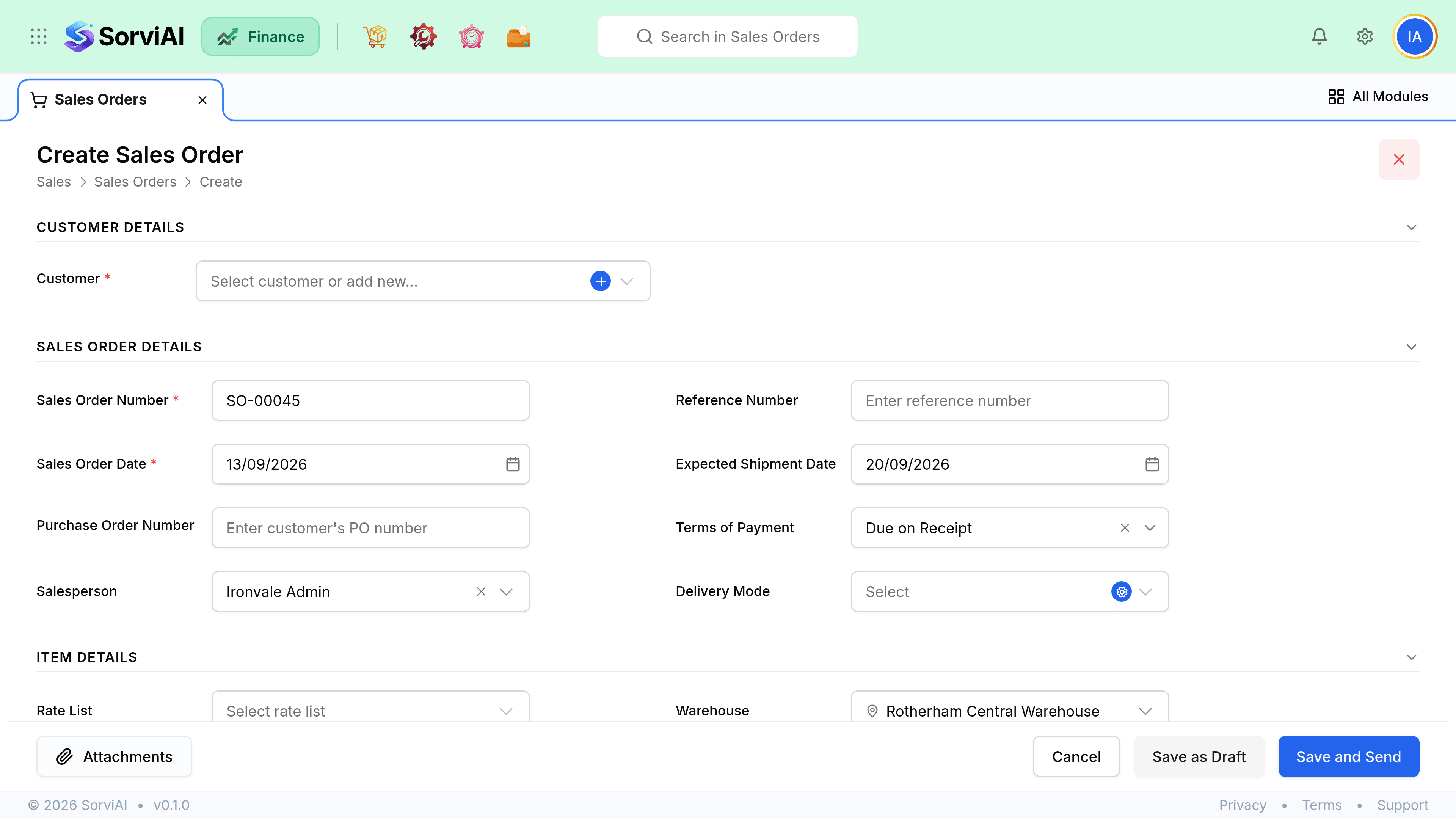 The Create Sales Order form. Sales Order Details holds Sales Order Number, Sales Order Date, Purchase Order Number, Salesperson, Reference Number, Expected Ship Date, Terms of Payment and Delivery Mode. Item Details below carries a rate list, a warehouse picker and a line table with columns for Item, Manufacturer, Variant, Lead Time, Qty, Rate, Tax and Amount.