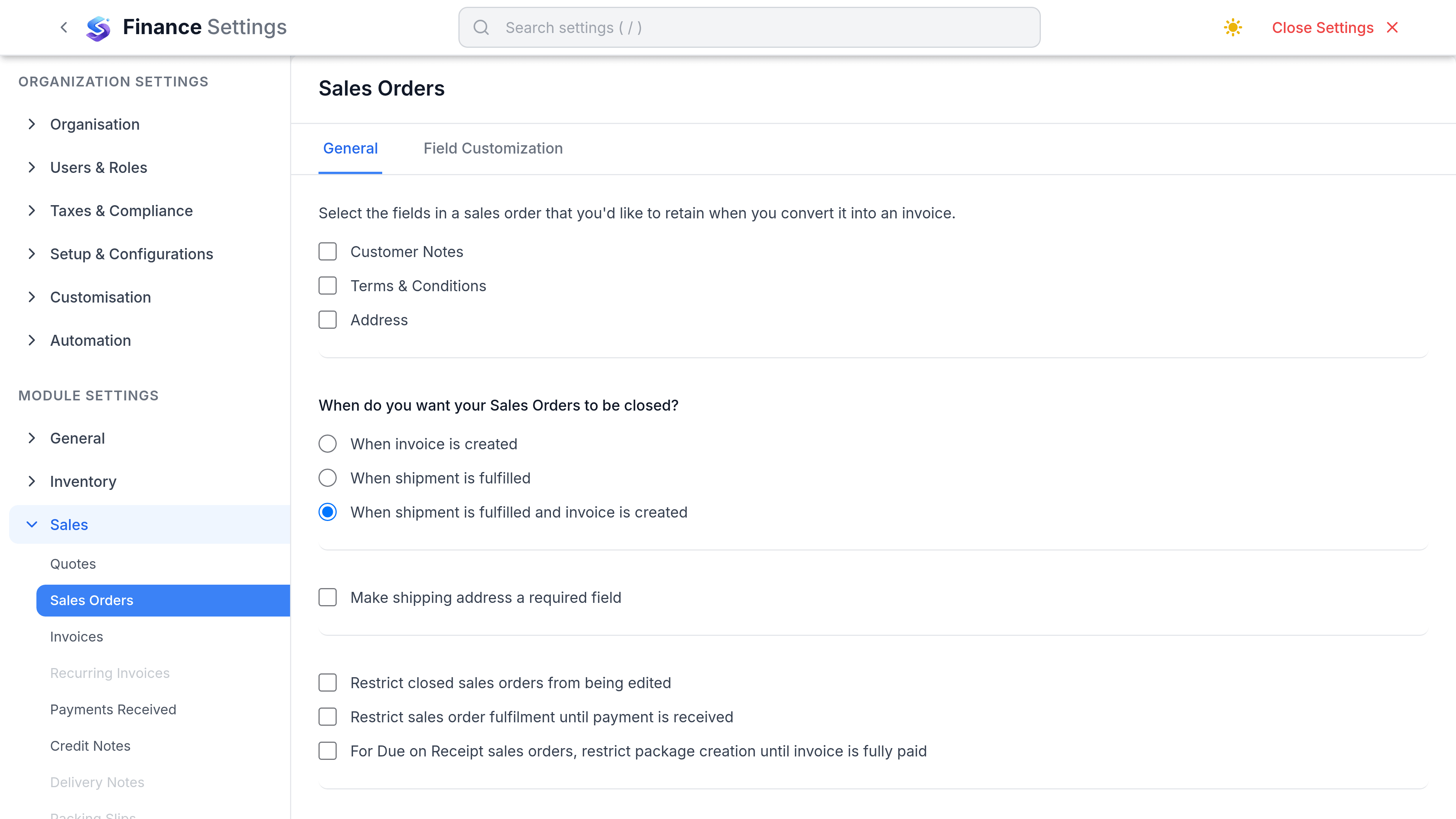 The Sales Order Settings tab of Finance Settings. Switches cover restricting edits to closed orders, restricting fulfilment until payment, restricting package creation for Due on Receipt orders, allowing packages on on-hold orders, and enabling purchase orders. A Retain on Conversion section lists Customer Notes, Terms and Conditions and Billing Address.