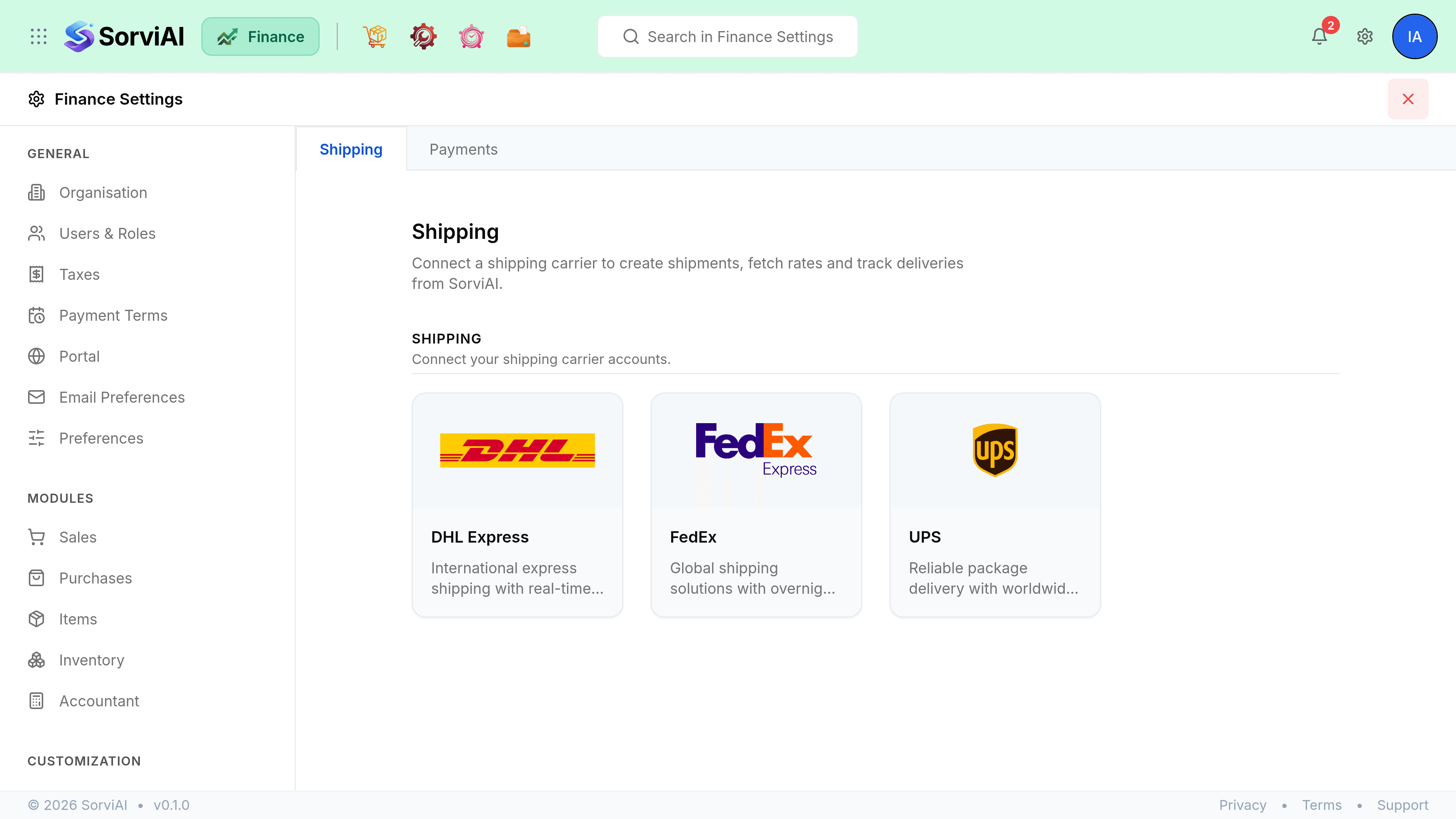 The Shipping tab of Integrations, headed Shipping above the line Connect a shipping carrier to create shipments, fetch rates and track deliveries from SorviAI. A SHIPPING section headed Connect your shipping carrier accounts holds three cards: DHL Express, described as International express shipping with real-time tracking; FedEx, described as Global shipping solutions with overnight delivery; and UPS, described as Reliable package delivery worldwide. Each card carries the carrier's logo.