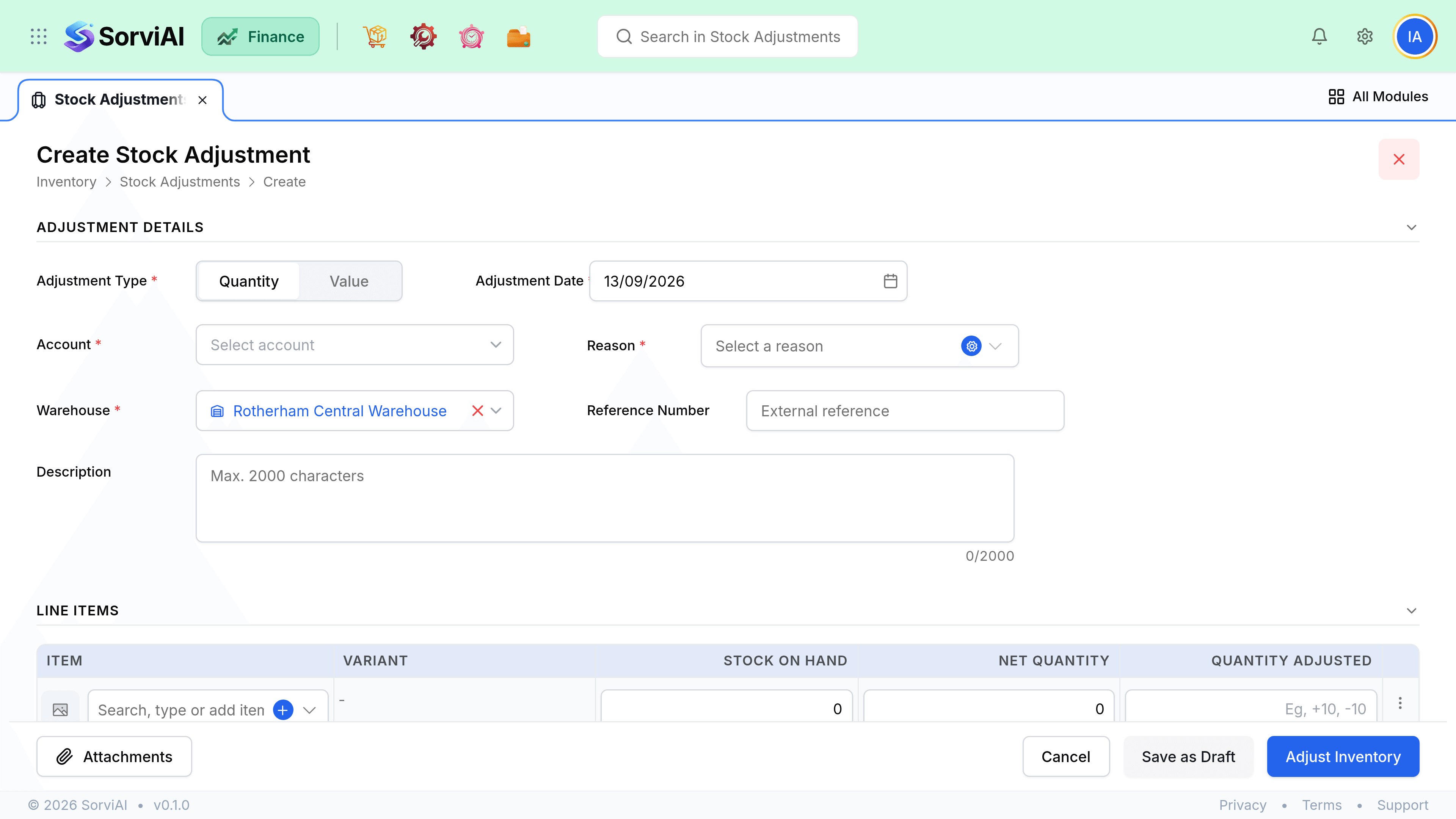 The New Adjustment screen, where the date, reason, warehouse and adjustment type are set above a line grid for the items being adjusted and the quantity or value change against each.