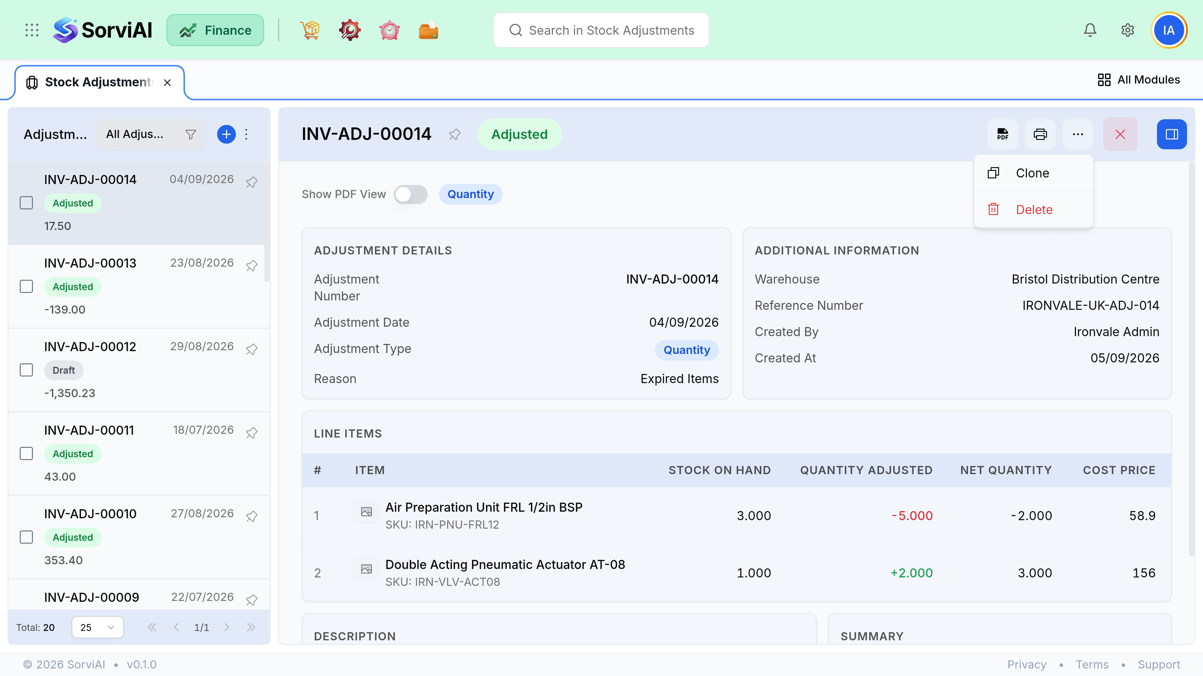 The overflow menu on an open stock adjustment, reached from the three-dot button in the record's toolbar. It offers Clone, and in red at the foot Delete.