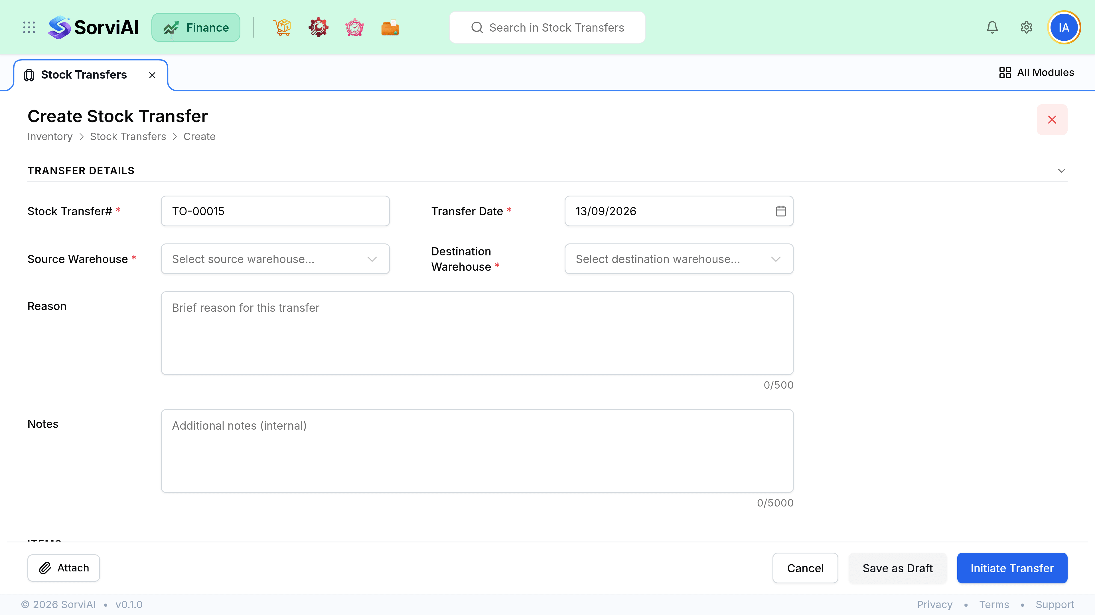 The New Transfer Order screen, where the date, source and destination warehouses and a reason are set above the lines and quantities being moved.