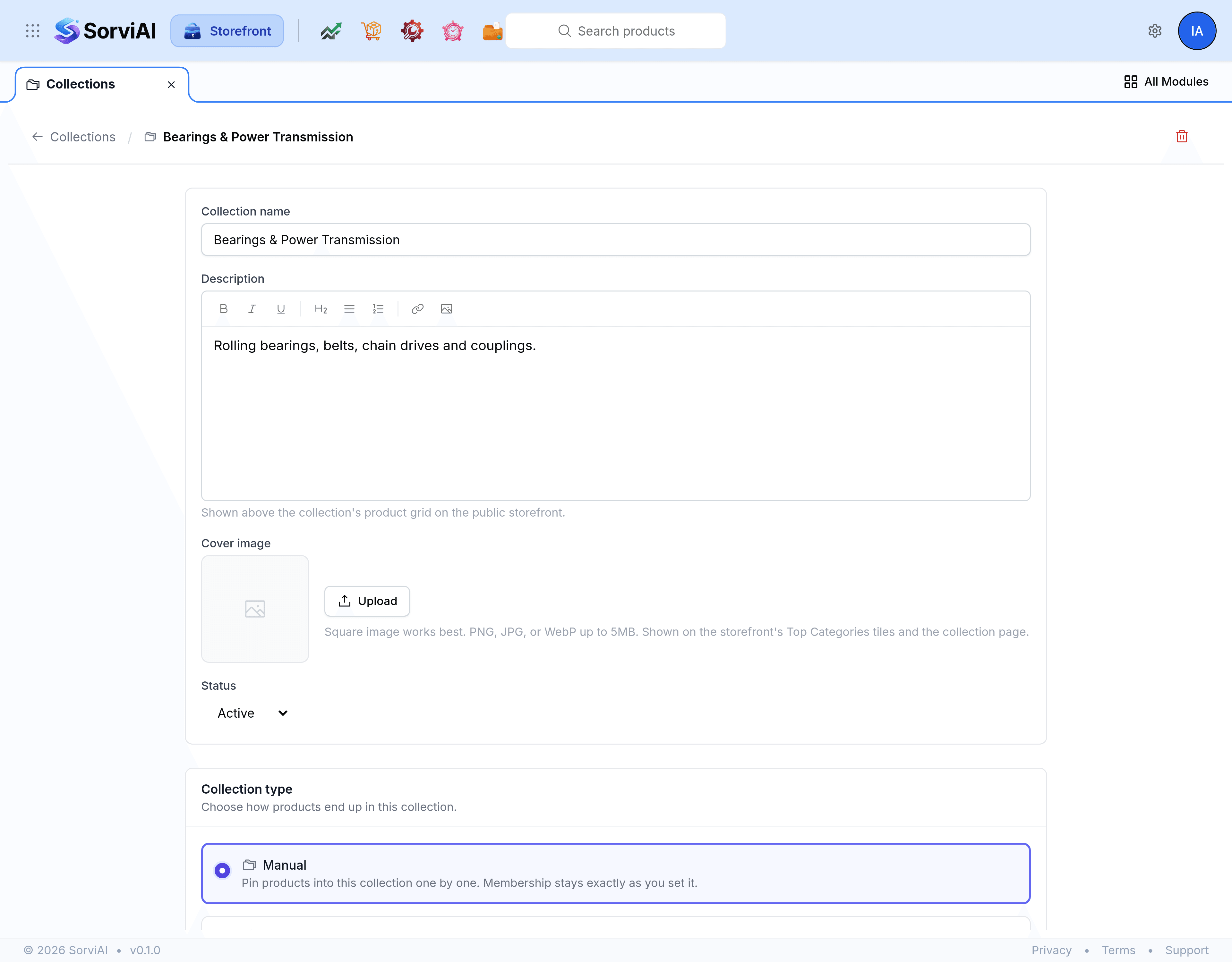 A collection open for editing, with Collection name, a Description editor, a Cover image control and a Status of Active, then a Collection type card offering Manual and Smart.
