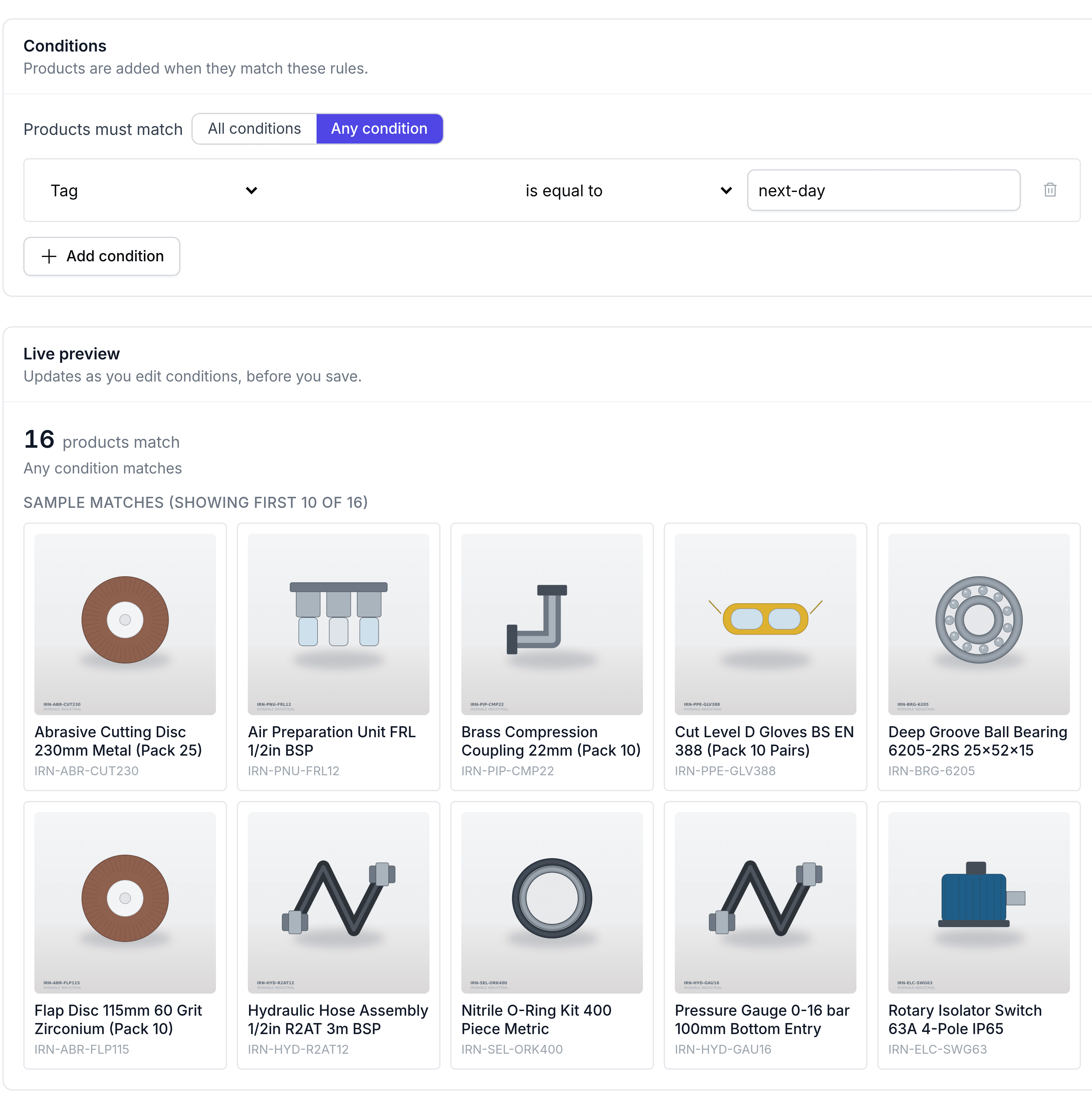 The Conditions and Live preview cards on a smart collection. Products must match is set to Any condition, and one rule reads Tag is equal to next-day. Live preview reports 16 products match and shows the first ten as cards with their images, names and SKUs.