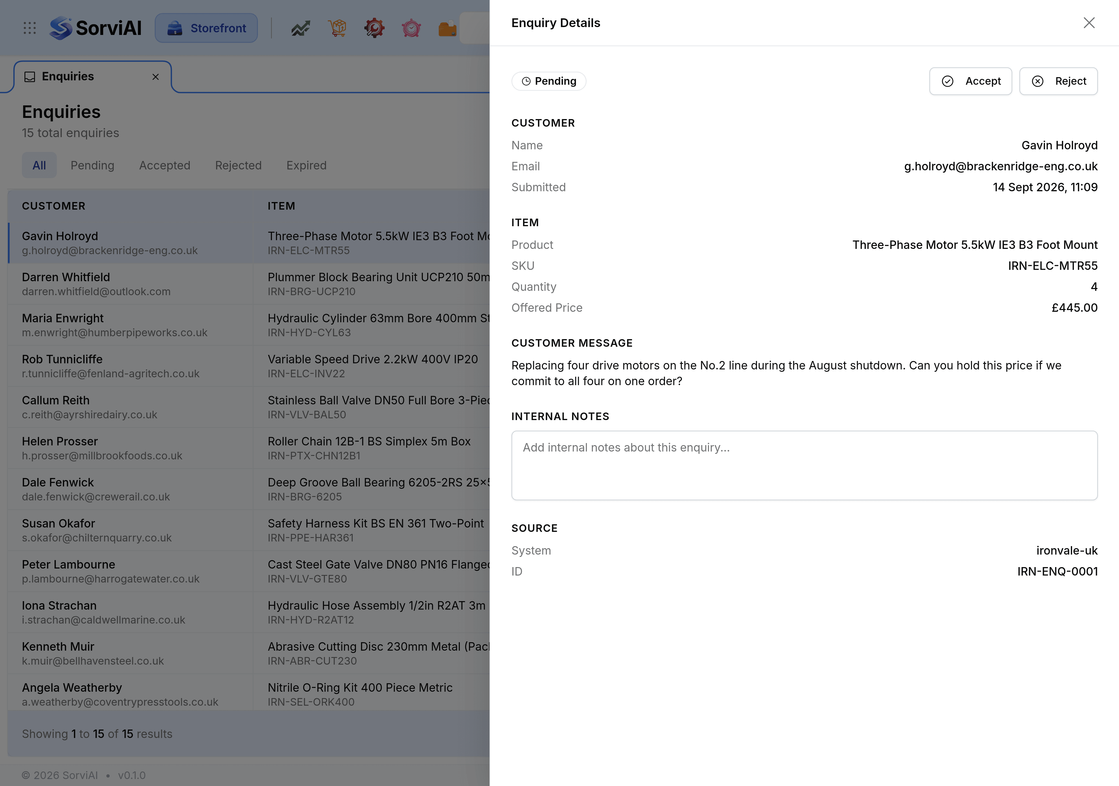 The Enquiry Details panel open beside the list, showing the customer name and email, the item and SKU, the offered price and quantity, the customer message, and an Internal Notes box. Accept and Reject sit at the top of the panel.