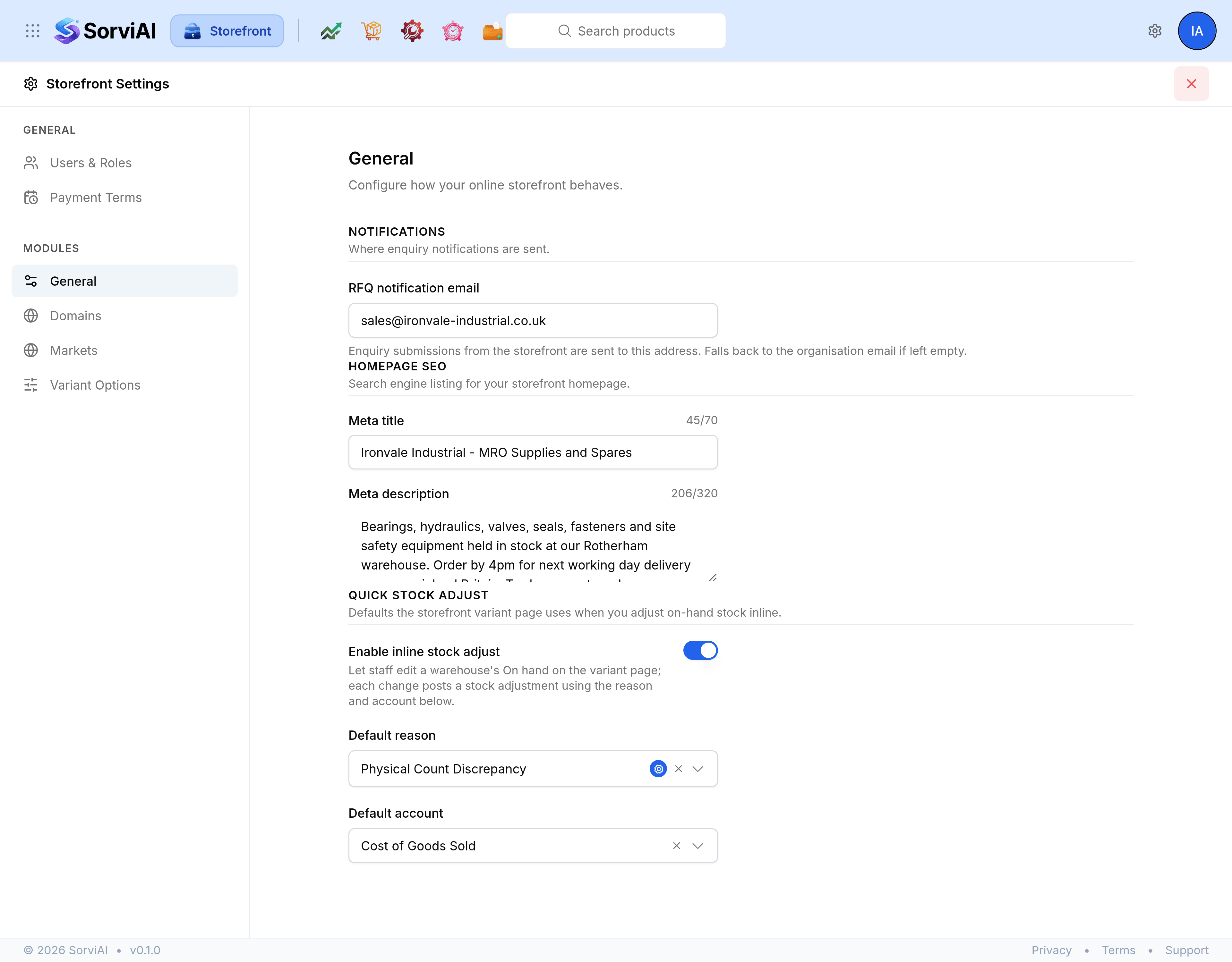 The General screen of Storefront Settings, with a Notifications group holding the RFQ notification email, a Homepage SEO group holding a Meta title and Meta description with character counters, and a Quick stock adjust group below them.