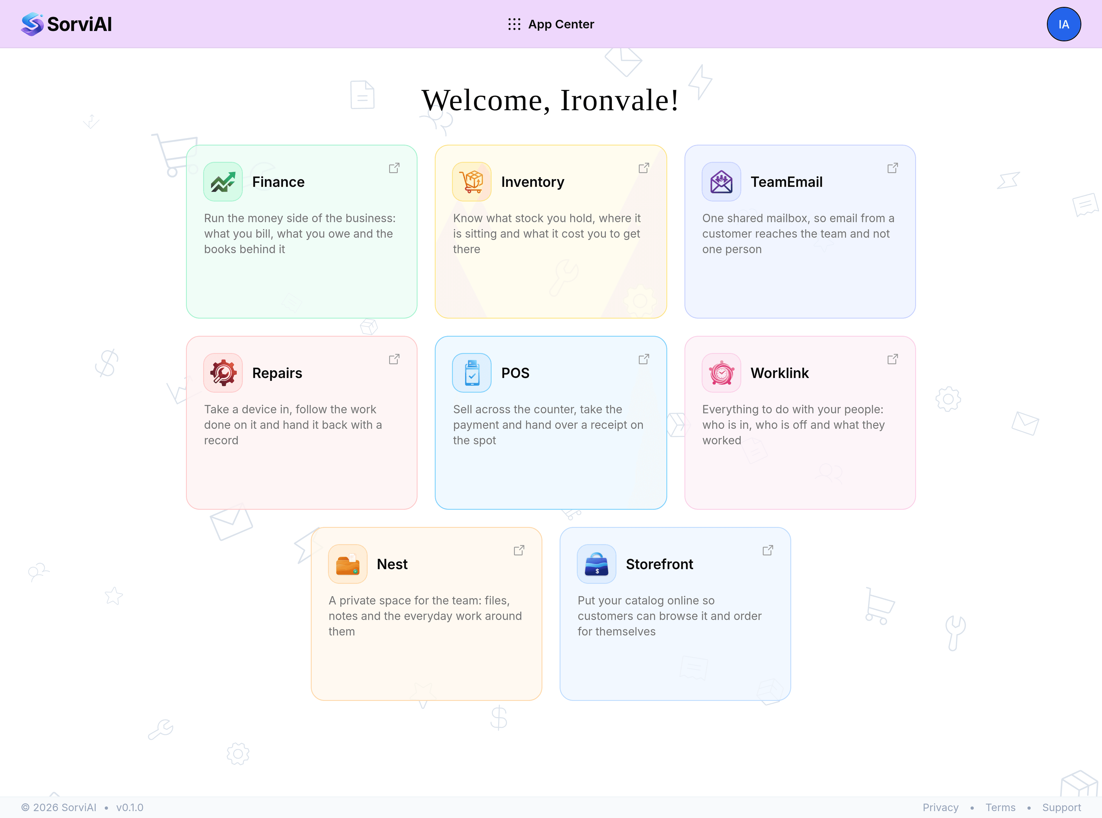 The App Center after signing in, headed Welcome, Ironvale! Eight tiles are laid out: Finance, Inventory, TeamEmail, Repairs, POS, Worklink, Nest and Storefront, each with a sentence describing it. The Storefront tile reads Put your catalog online so customers can browse and order for themselves.